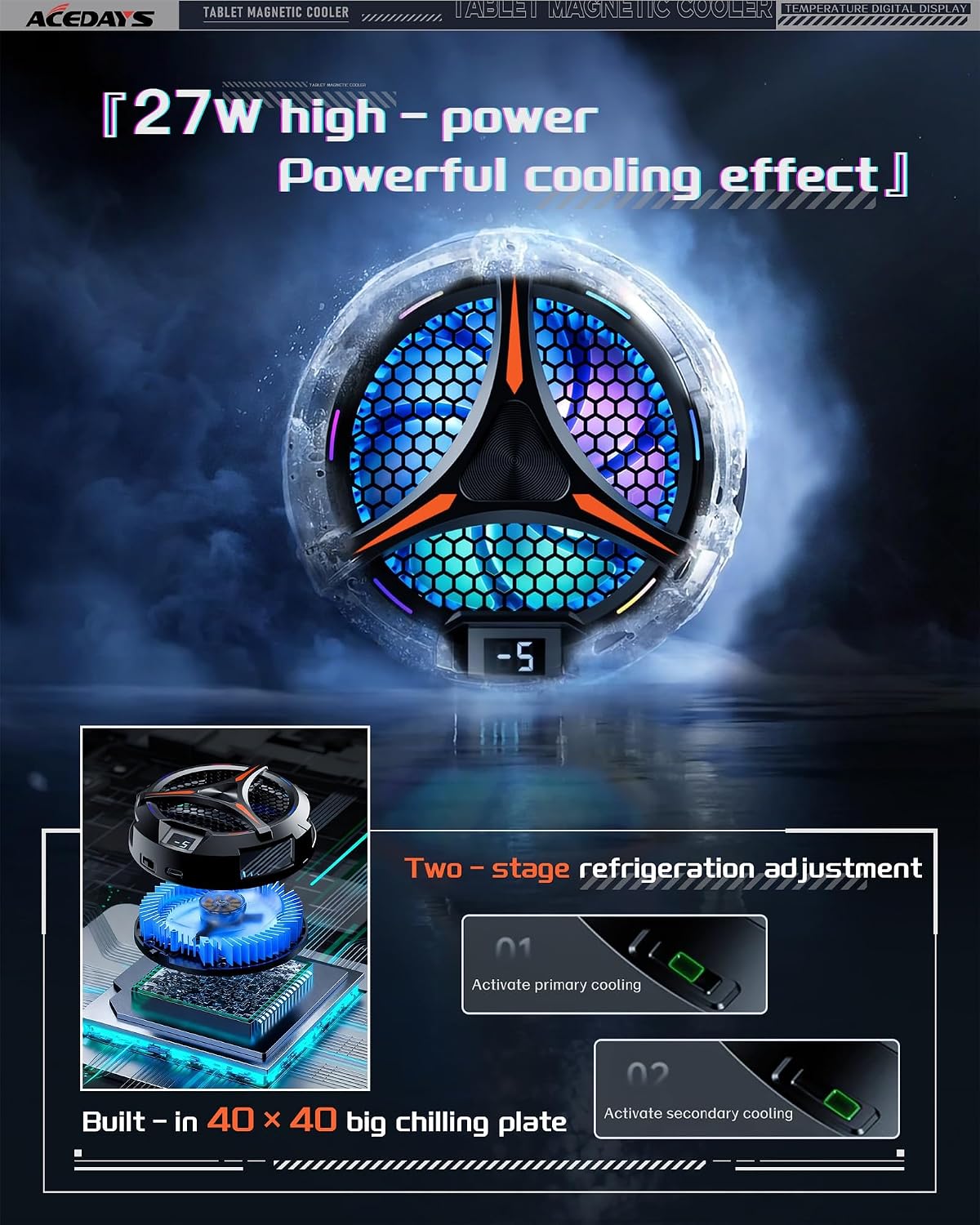 ACEDAYS iPad Cooler,Magnetic Tablet Cooler for ipad/Surface pro/Samsung Tab,Compatible for Steam Deck,Universal Radiator with Temperature Display for Mobile Gaming,Tiktok Live Streaming