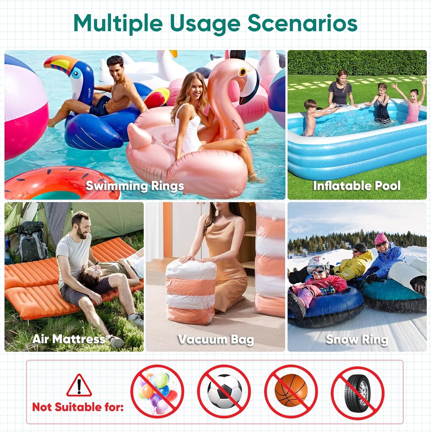 MAACLOUD Electric Air Pump for Inflatable Pool Toys: High Power Quick-Fill | 2 in 1 Inflator Deflator for Pool Float Mattress Raft Gymnastics Track Mat, Portable, 5 Nozzles, AC 110-120V (400W)