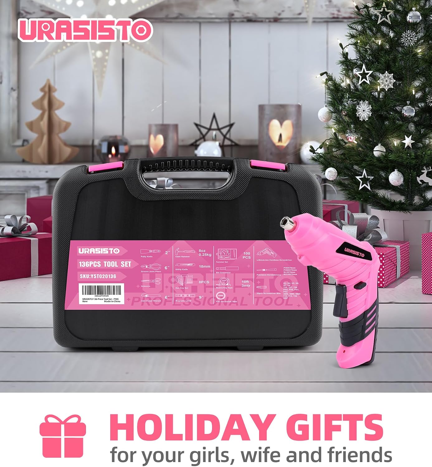 URASISTO Pink Household Tool Set with 3.6V USB Electric Screwdriver, 136 PCS Home Tool Kit with Cordless Lithium-ion Drill Driver, Hand Tool Kits for Women