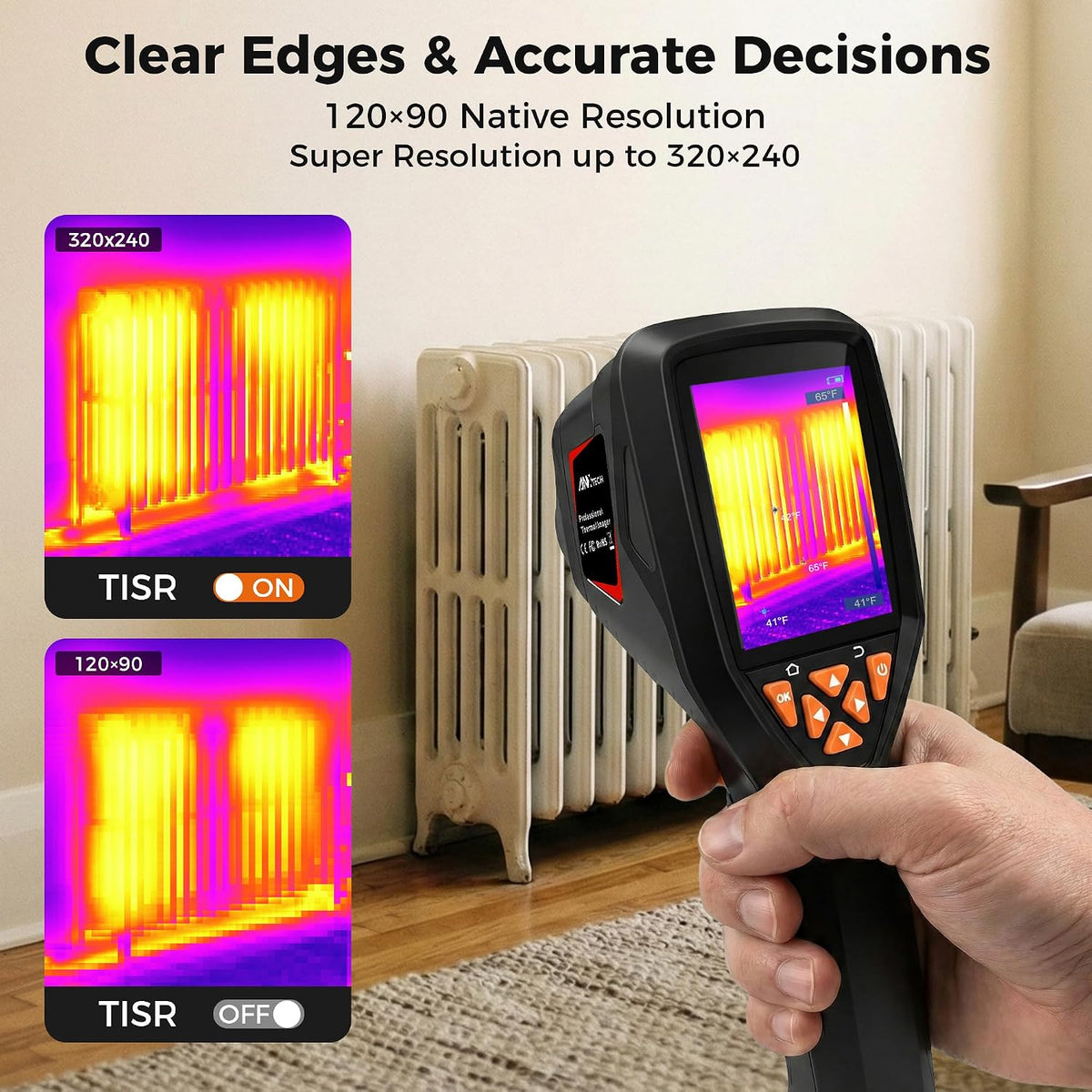 320x240 Thermal Camera 25Hz Handheld for Leak Detection Home | 320x240 Super Resolution, high/low temp alarm, 8hr battery, -4°F~1022°F, for moisture & home inspection