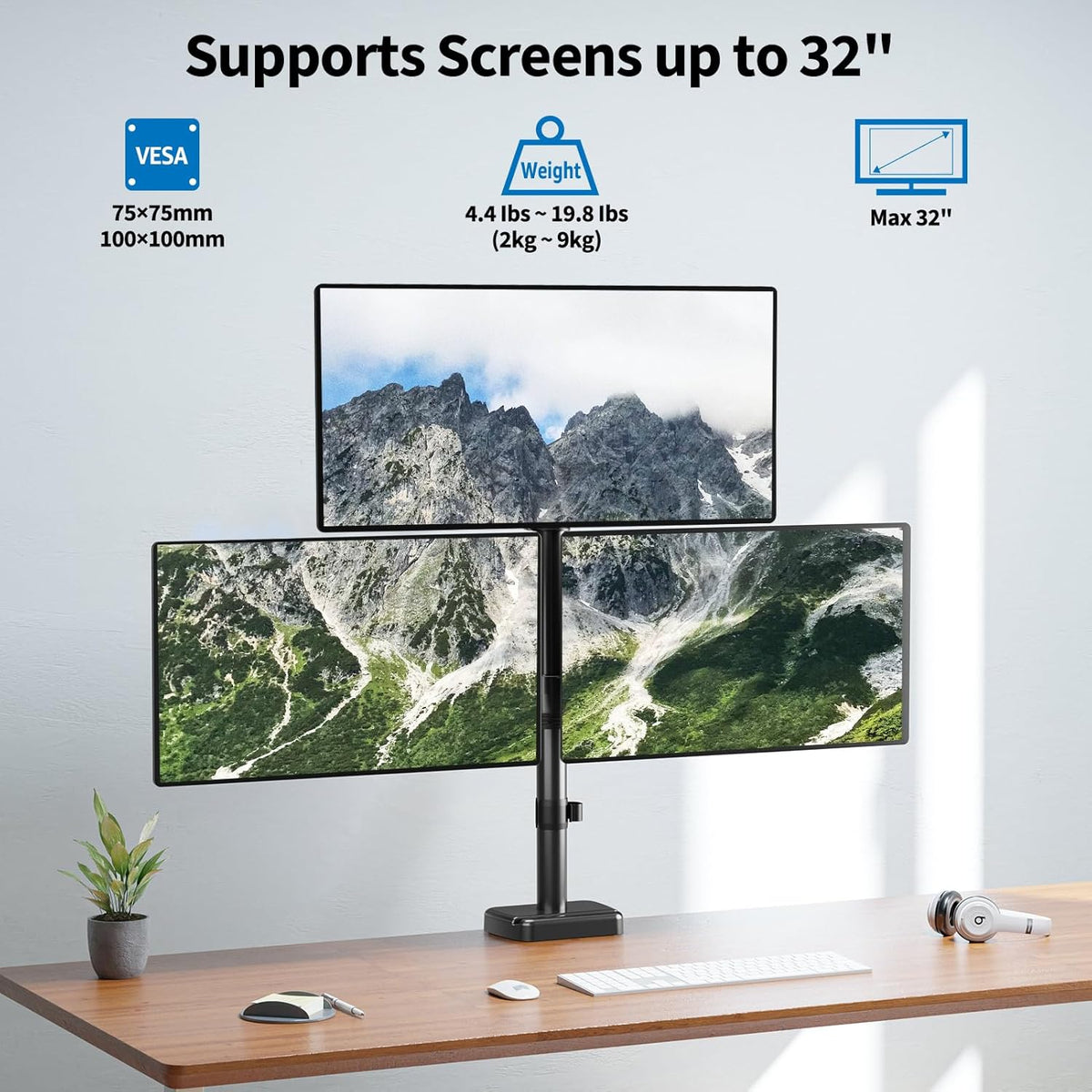 Triple Monitor Mount Fits Max 32" Computer Screen Triple Stand | Holds up to 17.6lbs Each Arm, 3 Monitor Desk Mount, Triple Arm with Tilt Swivel Rotation, VESA Mount 75/100mm