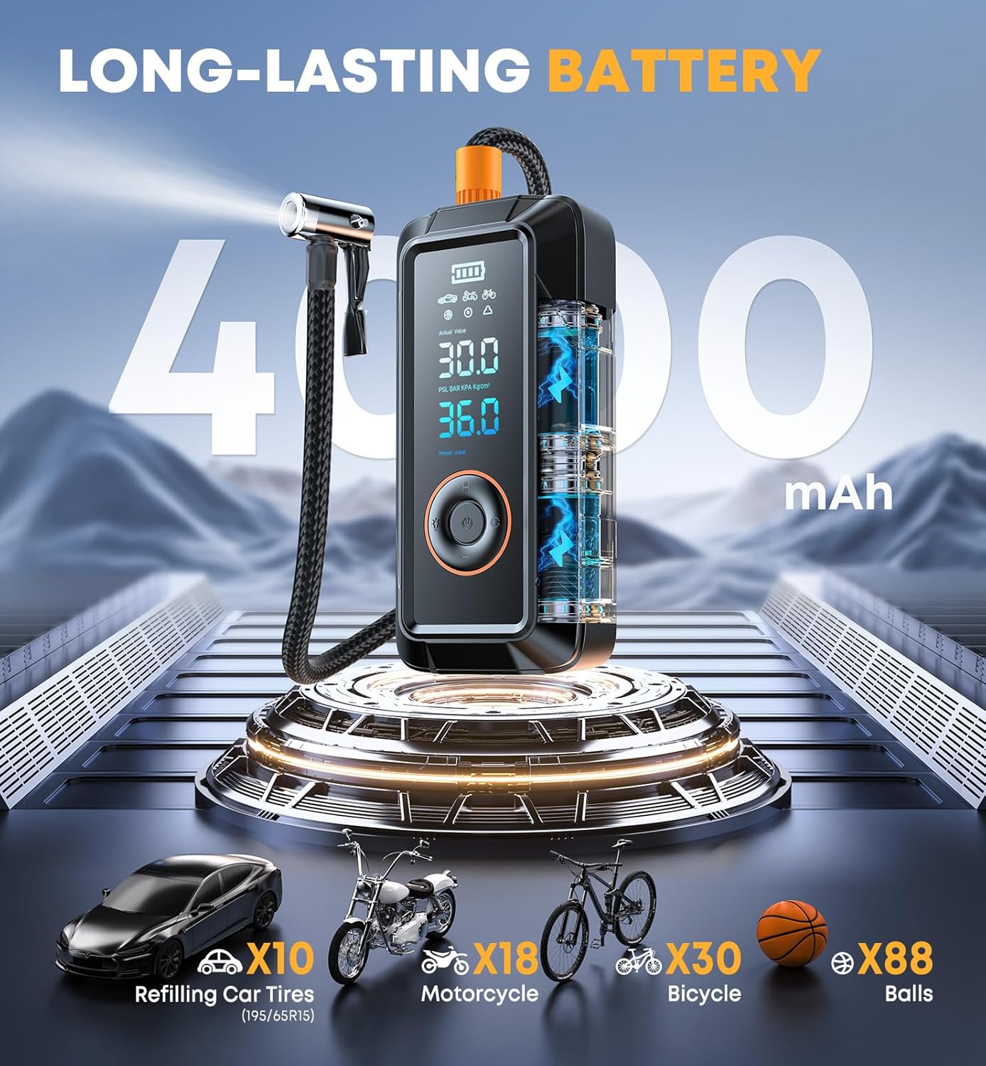 Tire Inflator Portable Air Compressor, Cordless & 12V DC Air Inflator for Car Bikes MotorcycleTires Balls with Auto Shut-Off, Digital Pressure Gauge, Compact Emergency Pump