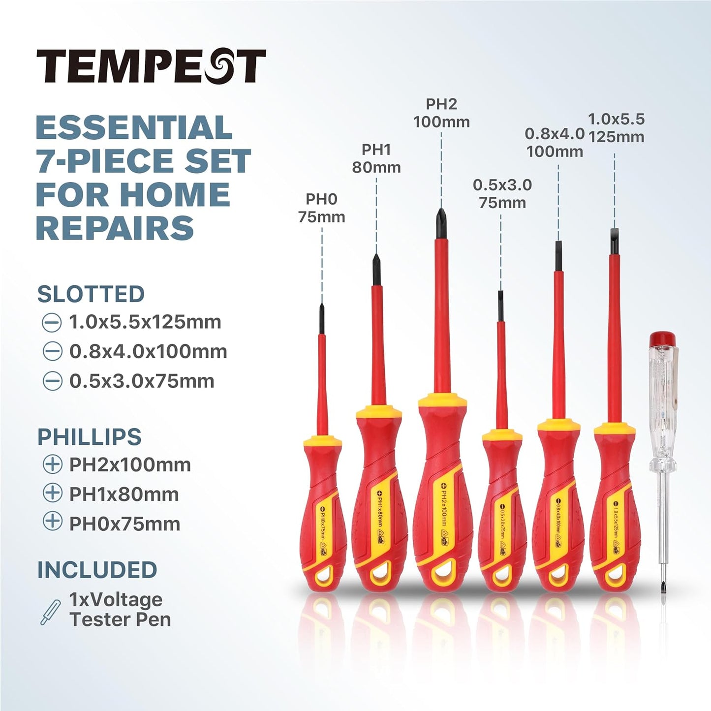 TEMPEST 7 Piece VDE Insulated Screwdriver Set, 1000V Electrical Safety Kit with Voltage Tester, Ergonomic Anti-Slip Handle for Home Wiring, Outlet Repair & Appliance Fixes