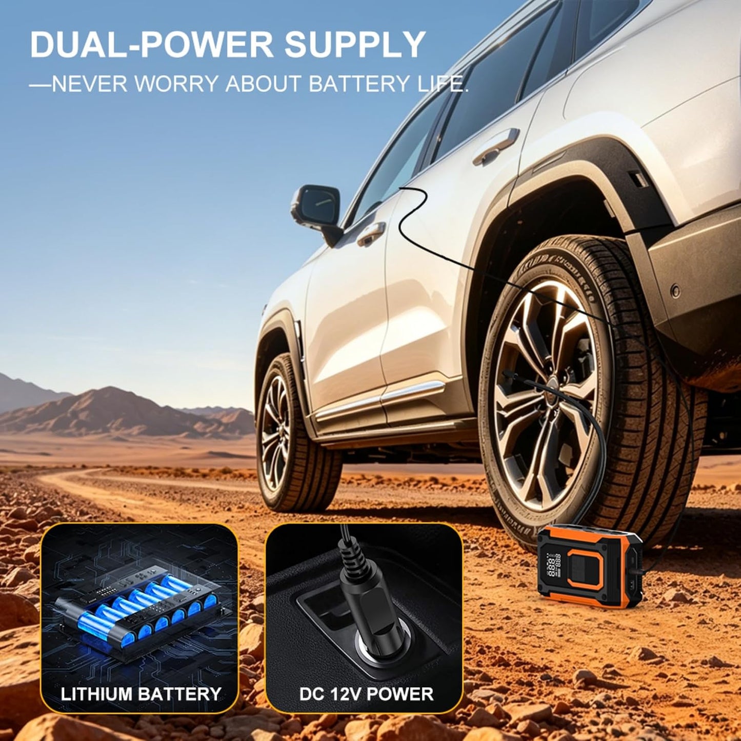 Tire Inflator Portable Air Compressor Cordless Air pump for Car Tires | 4 × Fast Inflation 35L/Min, Digital Dual Display, Auto Shutoff, LED Light, for Car, Motorcycle, Bike, Pickup Truck and Balls