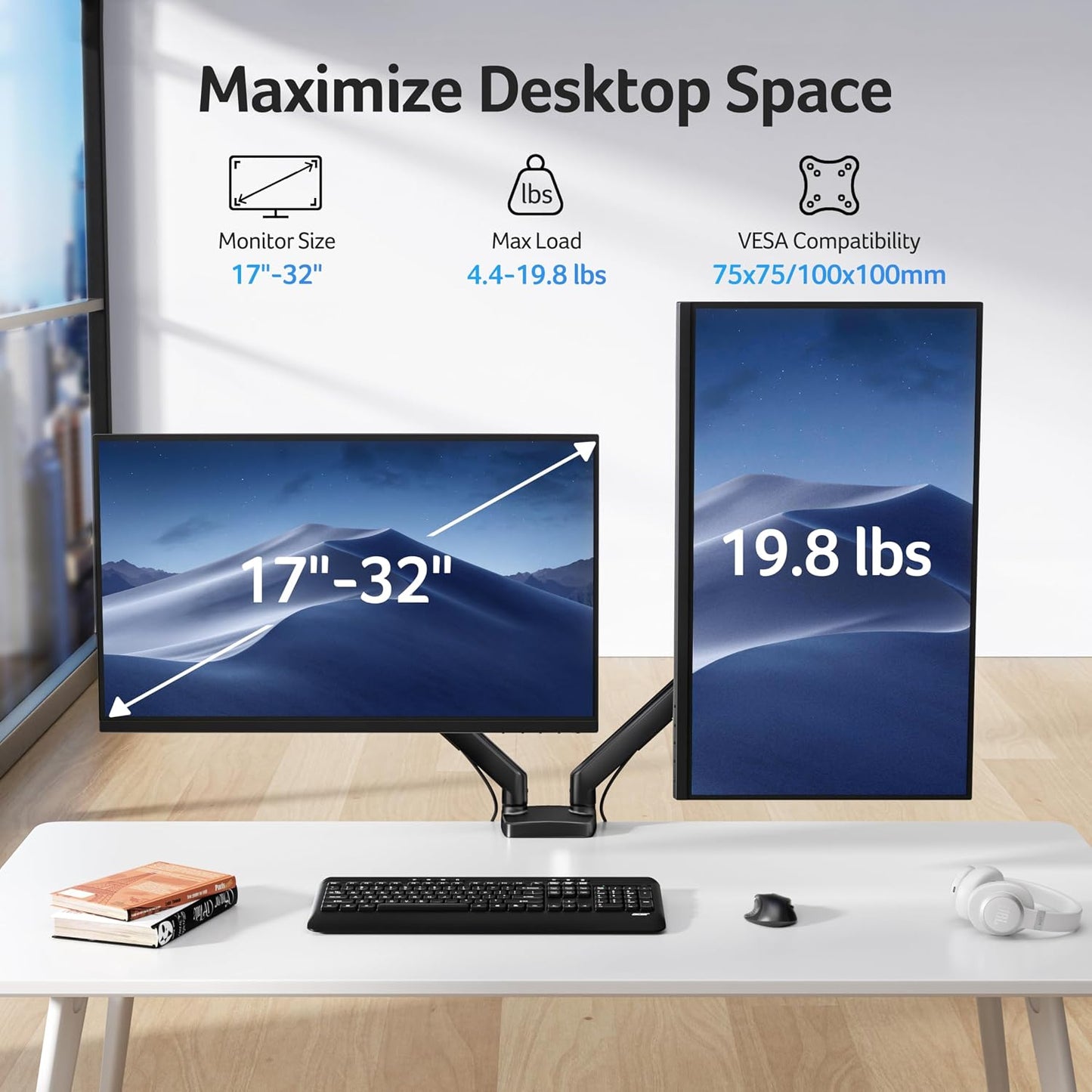 Acer Dual Monitor Arm, Gas Spring VESA Mount Stand for 17-32" Screens | Computer Desk Arm Fully Adjustable VESA 75x75/100x100 with C-Clamp & Grommet Mounting Base, Each Arm Holds 4.4 to 19.8 lbs