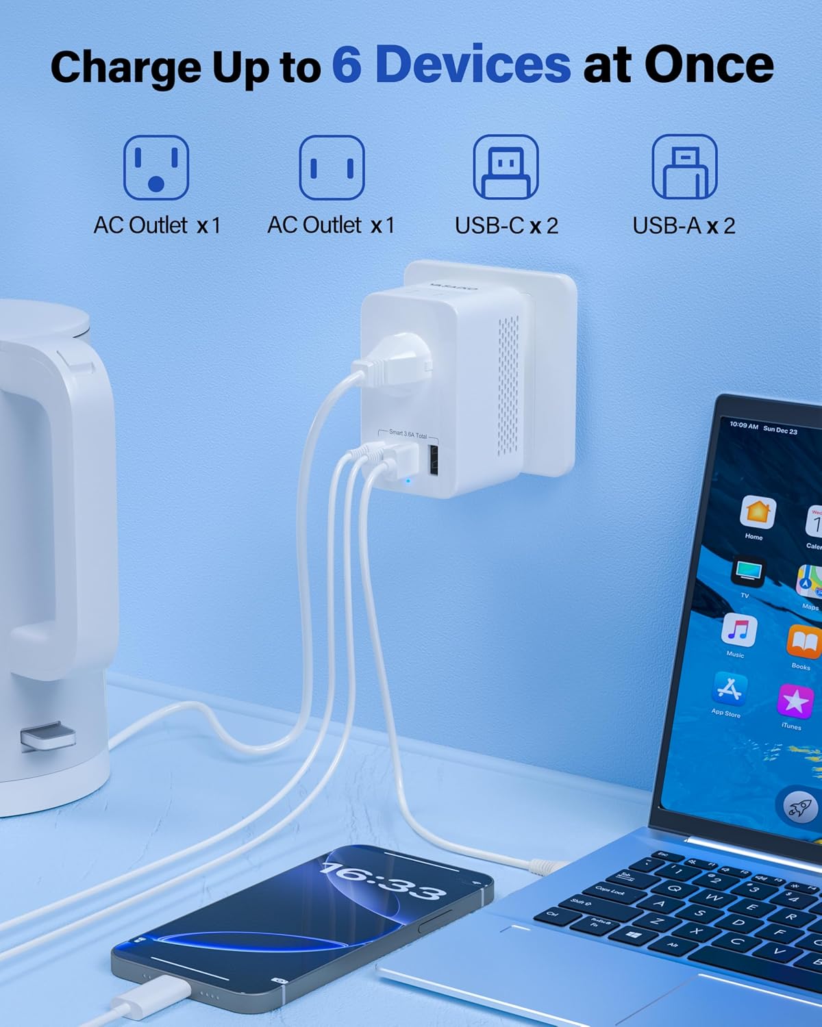 Voltage Converter US to Europe for Hair Dryers, 220V to 110V Voltage Converter for European Travel with 2 USB-A 2 USB-C Port & UK/AU/US/IT/European Travel Plug Adapters