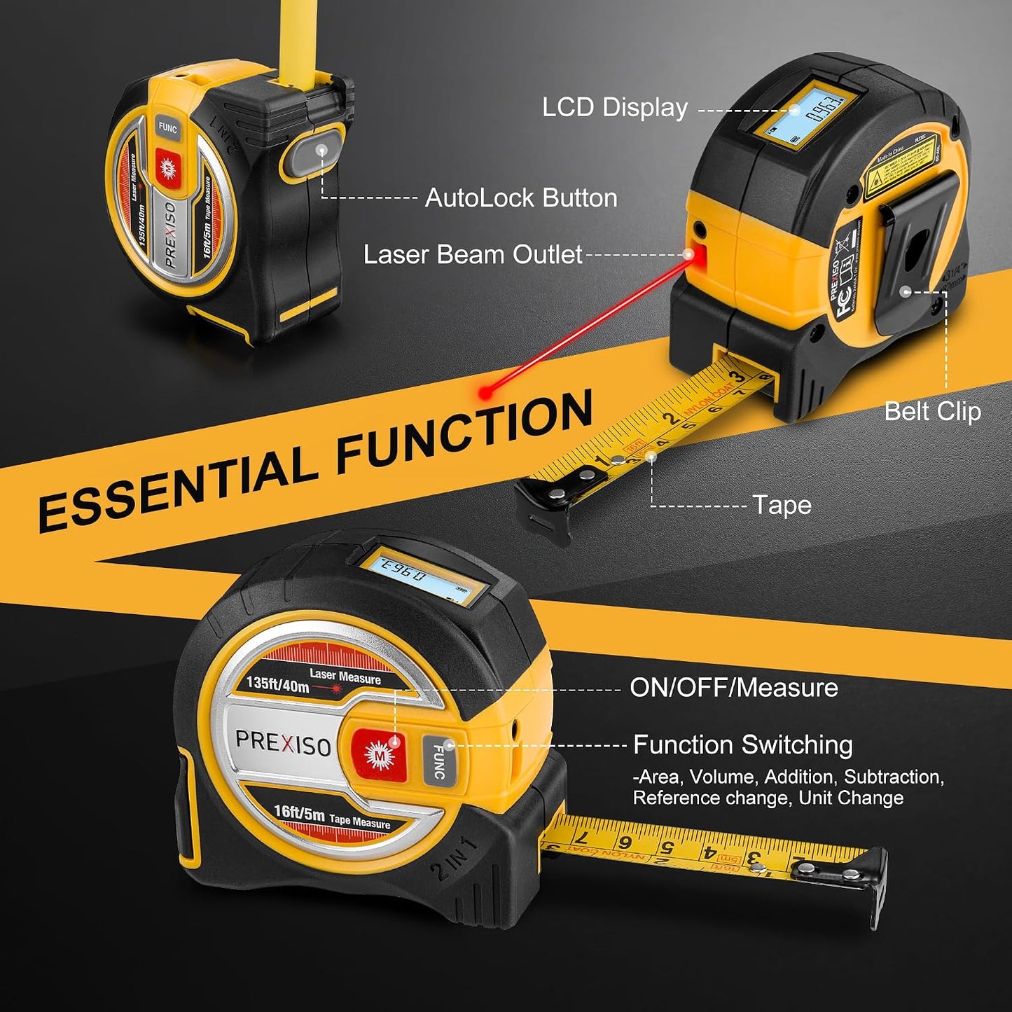 PREXISO 2-in-1 Laser Tape Measure - NOT Digital - 135Ft Laser Measurement Tool & 16Ft Measuring Tape with Auto Lock & Movable Magnetic Hook - Pythagorean, Area, Volume, Ft/Ft+in/in/M Unit-NOT Digital