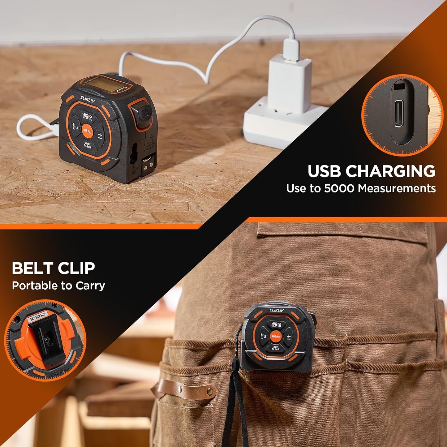 Laser Tape Measure 2-in-1, 197Ft Laser & 16Ft Digital Tape Measure | LCD Display, Pythagorean Mode, Area/Volume Calculation, USB-C Rechargeable, For Woodworking and Construction