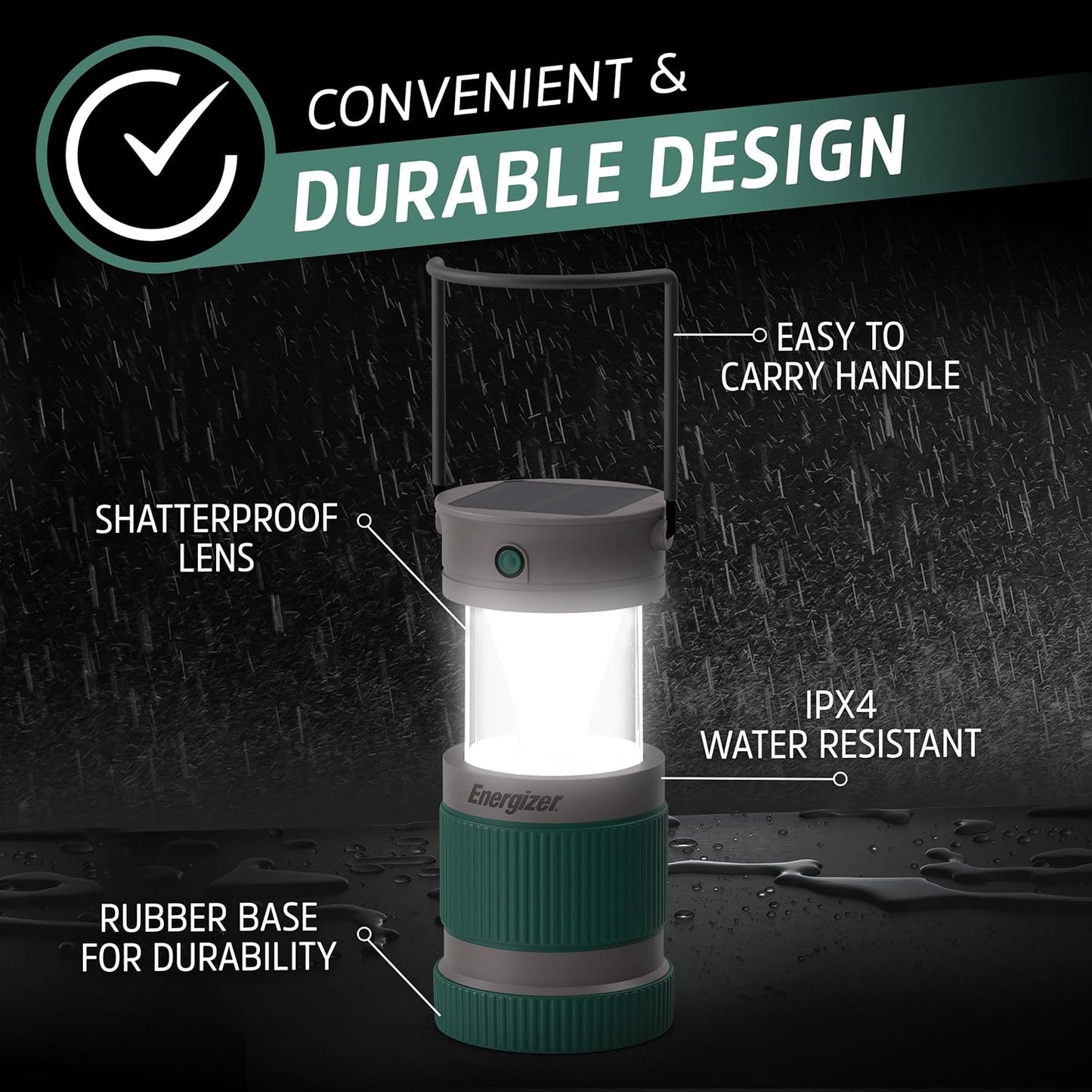 Energizer S-500 Hybrid Power Camping Lantern, Solar, Rechargeable, or AA Battery Powered, IPX4 Water Resistant Bright LED Lantern
