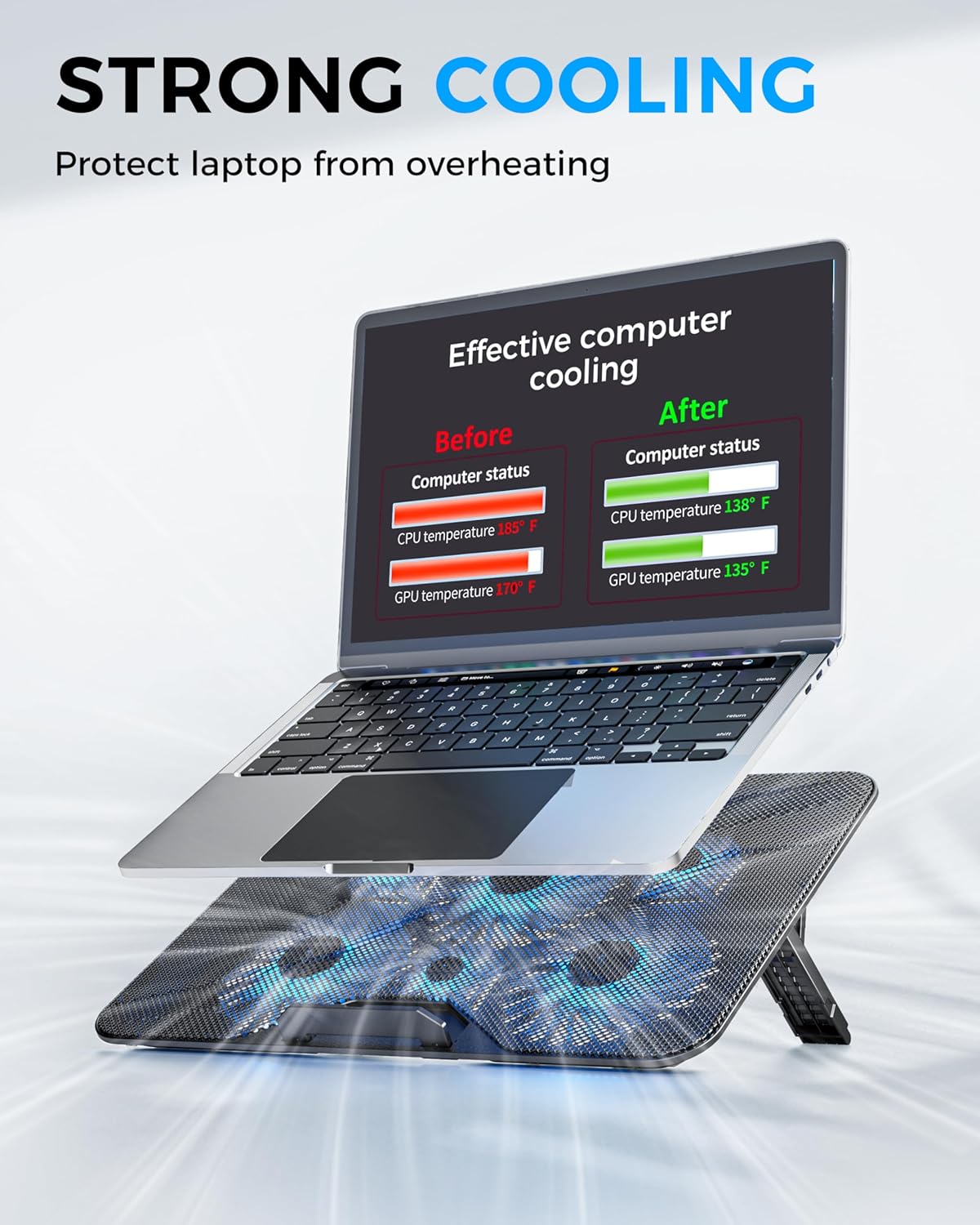AICHESON Laptop Cooling Pad with 6 High-Speed Fans for 14-17.3 Inch Laptops | Laptop Fan with 7 Adjustable Angles, Blue Lights with Fans, 2 USB Ports for Work Home Office Use
