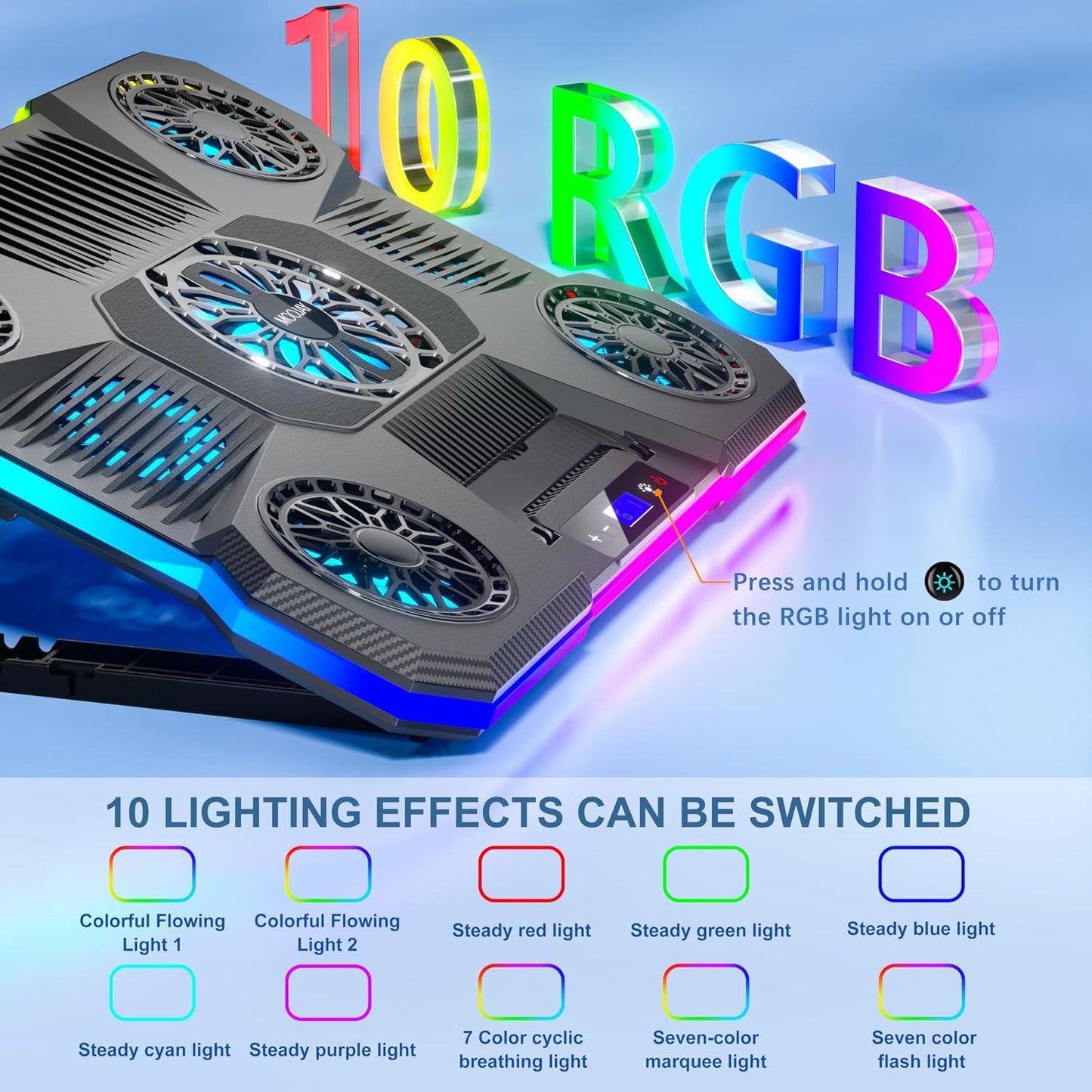 Laptop Cooling Pad, MOOJAY Laptop Cooler with 9 Quiet Fans for 14-19 Inch Notebook Computer, Gaming Laptop Fan Cooling Stand with 6 Adjustable Speeds and 10 RGB Light Modes, 2 USB Ports & Phone Holder