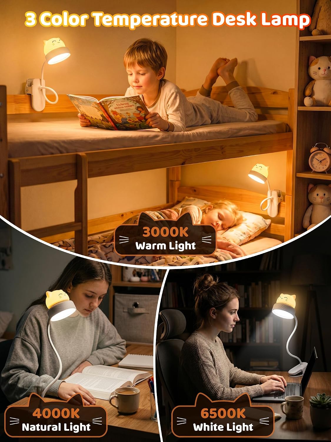 Cat Lamp,Dimmable RGB Clip on Light,Cute Desk Lamp Rechargeable Night Light | 4000mAh Battery Desk Lamp with Clamp,Cordless & Wireless Clip on Night Light for Kids/Toddle/Baby,Bed Headboard/Bedside/Table