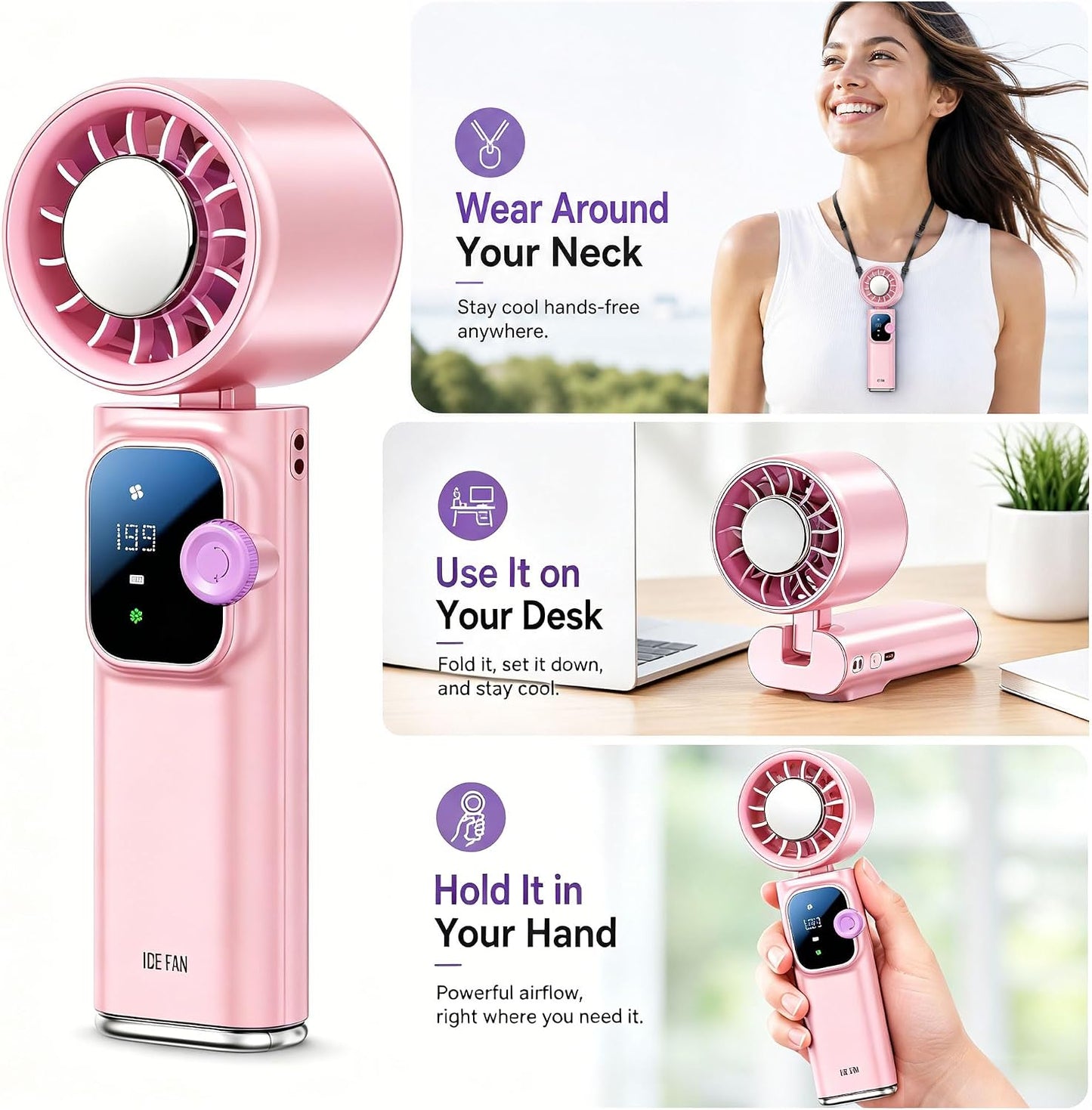 Portable Handheld Fan with Ice Cooling Personal Rechargeable Mini Neck Fan | 20000RPM,199-Speed 4000mAh Battery Powered up to 15hrs with LED Display for Travel, Camping & Outdoor, Pink