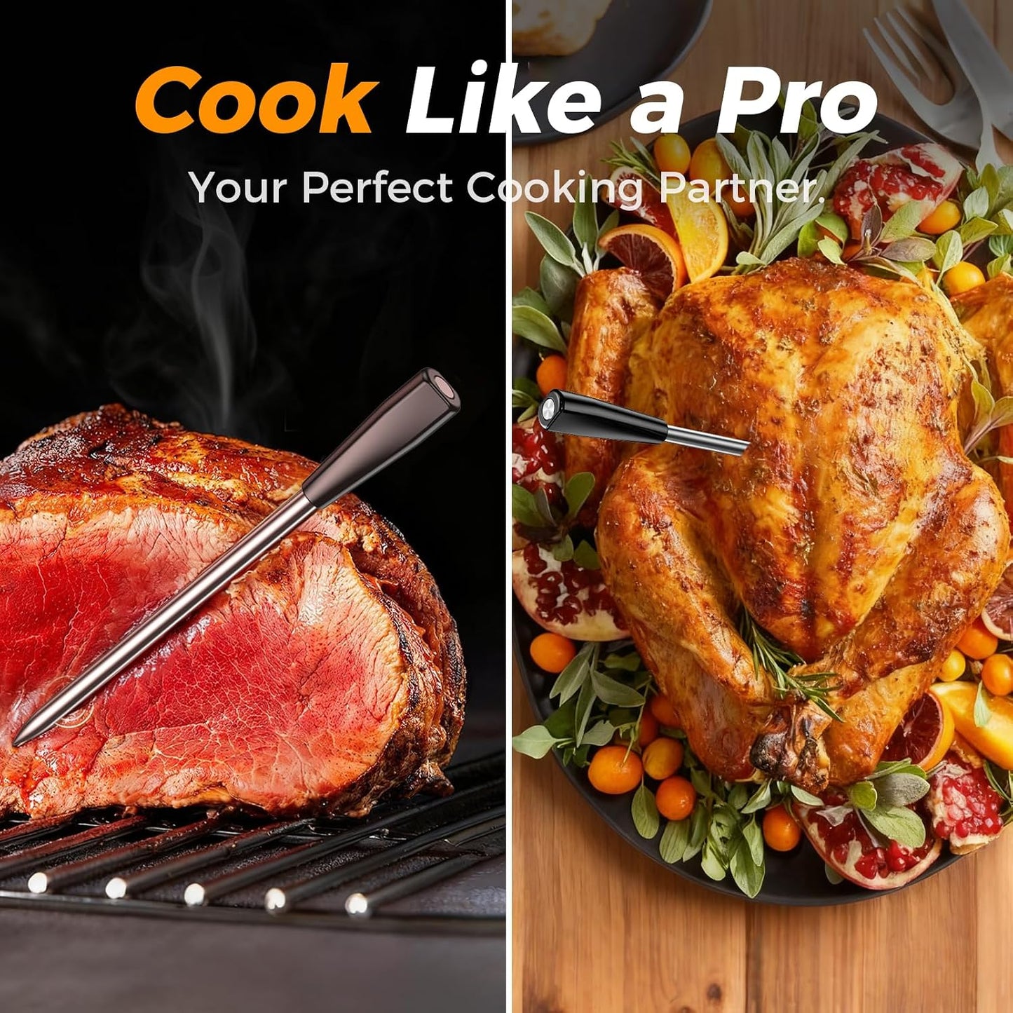 Smart Wireless Meat Thermometer, Digital Cooking Thermometer with Dual High-Accuracy Sensors, Ceramic Heat-Resistant Probe, Instant Read LCD & App Control for Kitchen,BBQ, Oven,Grill,Air Fryer, Black