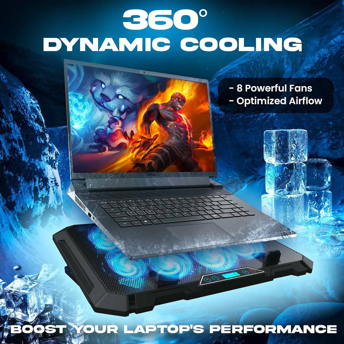 KLIM V8 Gaming Laptop Cooling Pad with 8 Fans + New Version + Gaming Laptop Cooler + Stable RGB Laptop Stand with Fan + Compatible up to 17" + 2 USB Ports + Phone Holder + 5 Year Assurance
