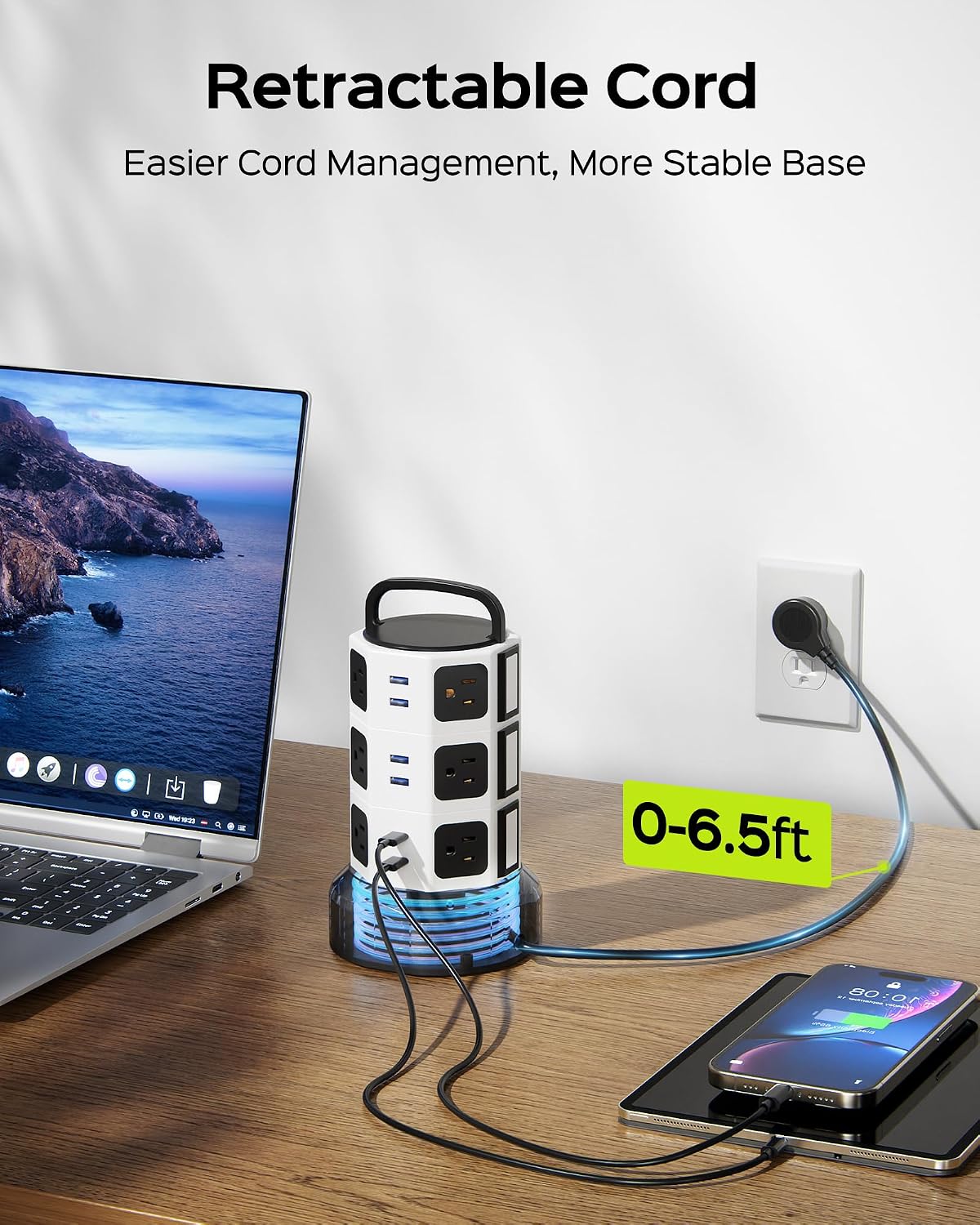 JACKYLED Power Strip Tower Surge Protector, 12 AC 6 USB (2 USB C), 1050J | Retractable Extension Cord with Multiple Outlets, 1625W/13A Outlet Extender, USB Charging Station for Home Office Dorm