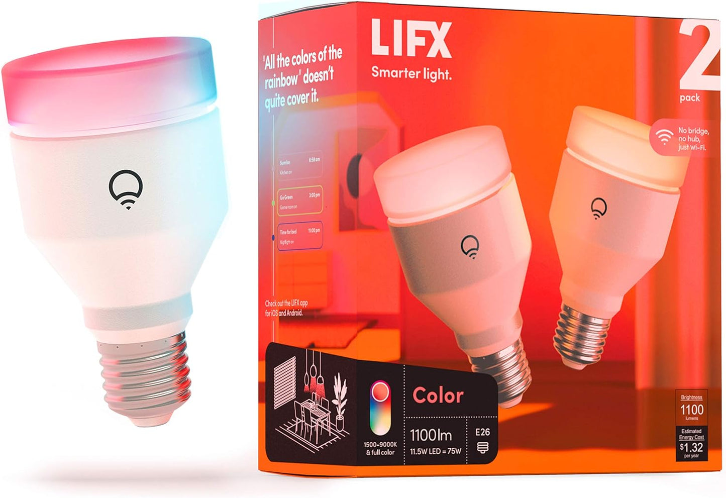 LIFX Smart Light Bulbs A19, RGB Color Changing, Matter, 75W 1100LM, 2 Pack | Compatible with Alexa, Apple Homekit, Google, WiFi 2.4GHz, Dimmable E26, tunable white 1500-9000K, for bedroom, mood lighting