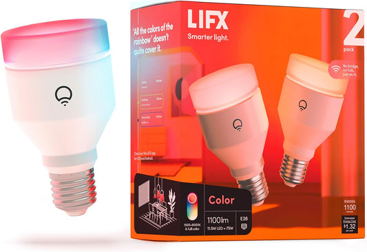 LIFX Smart Light Bulbs A19, RGB Color Changing, Matter, 75W 1100LM, 2 Pack | Compatible with Alexa, Apple Homekit, Google, WiFi 2.4GHz, Dimmable E26, tunable white 1500-9000K, for bedroom, mood lighting