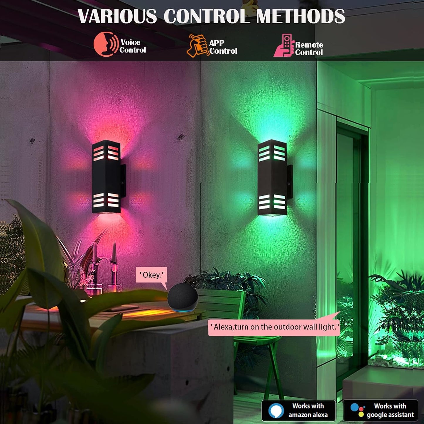 iYogaled RGB Smart Outdoor Wall Lights, 2 Pack Front Porch Light Fixtures, Square Color-Changing Wall Sconce with E26 Base, IP65 Waterproof Up and Down Lights with APP/Voice/Remote Control.