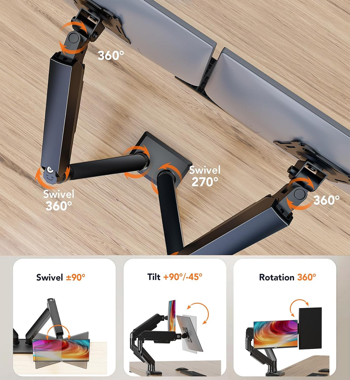 Dual Monitor Stand Adjustable Monitor Desk Mount for 17″–32″ Computer Screens, Full Motion VESA Pattern 75x75/100x100 with C-Clamp & Grommet Aluminum Base, Each Arm Holds 4.4 to 20 lbs HD09B-201