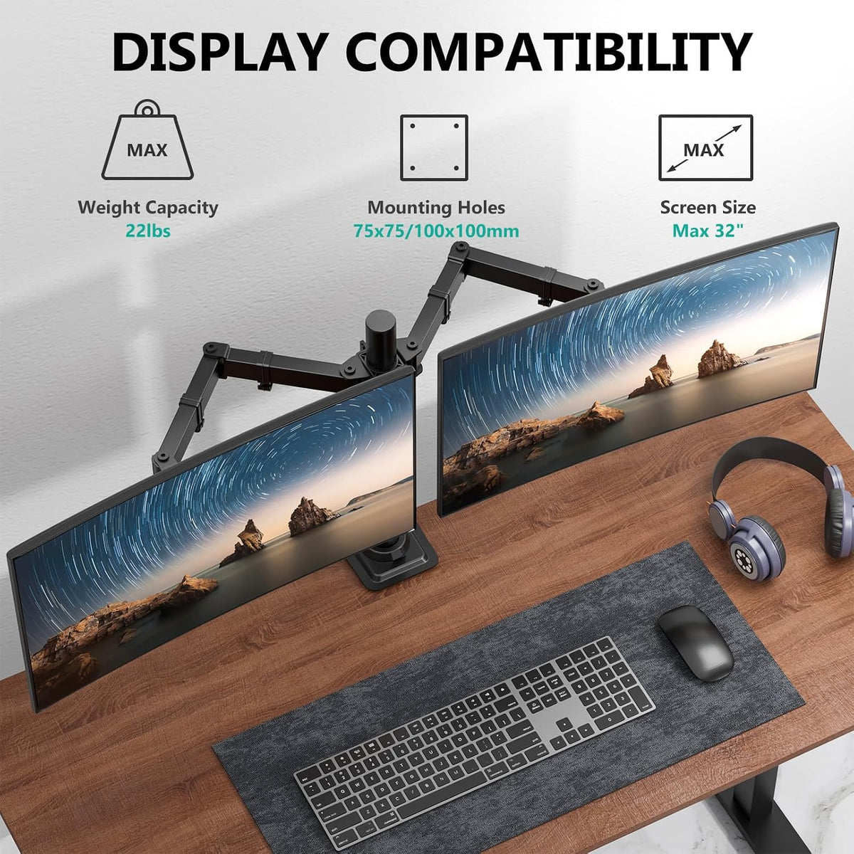 WALI Articulating Dual Monitor Stand for 13-32 inch Screens, 22 lbs per Arm