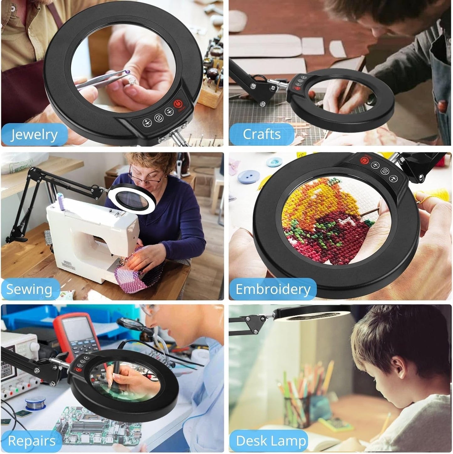 Coyeth 10X Magnifying Glass with Light and Clamp, Real Glass Stand Lighted Magnifier, 5 Color Modes Stepless Dimmable LED Desk Lamp Hands Free for Crafts Hobby Reading Painting Sewing Close Work