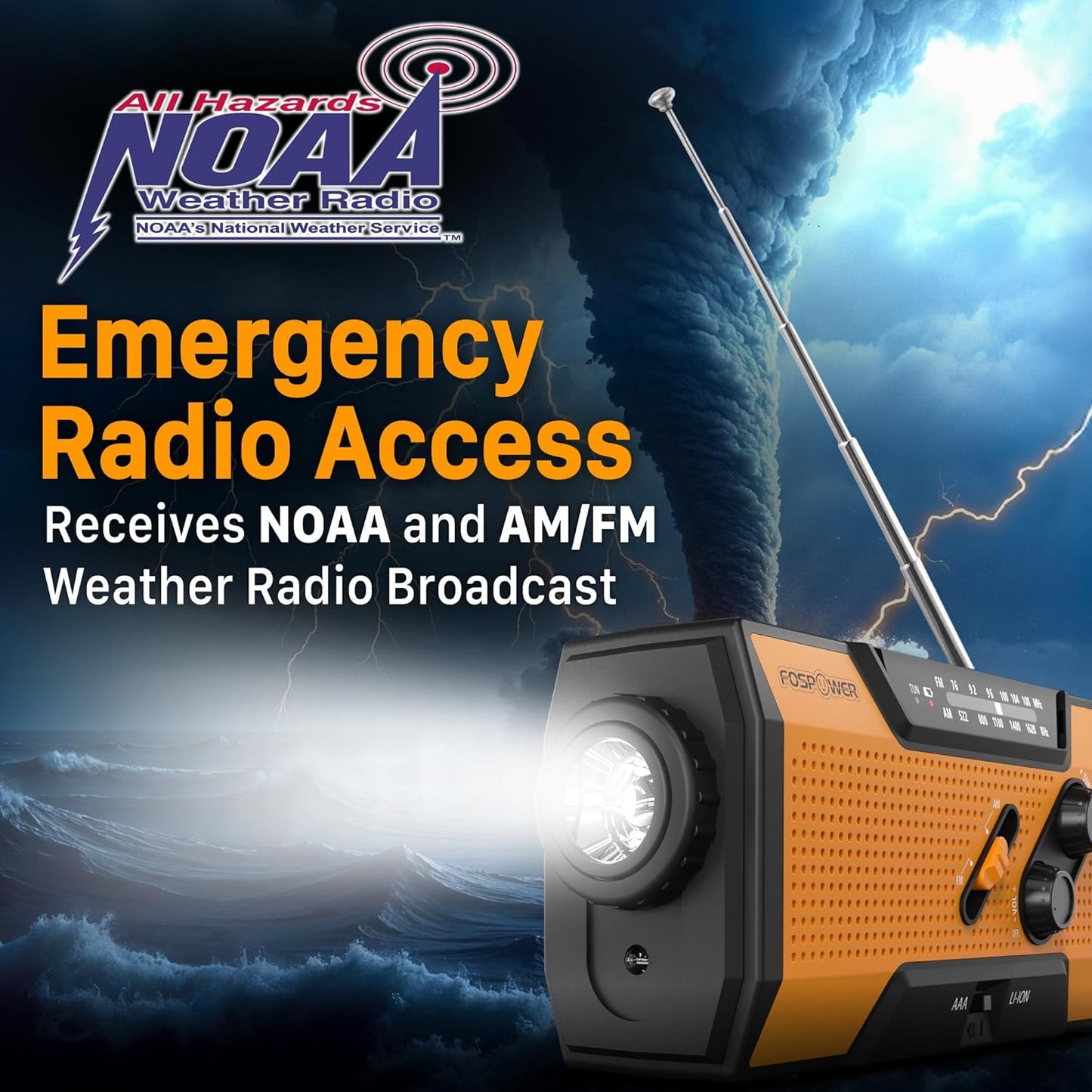 FosPower NOAA Emergency Weather Radio A1 7400mWh Portable Power Bank, AM/FM, USB/Solar/Hand Crank Charging, Battery Operated, SOS Alarm & Flashlight for Indoor/Outdoor Emergency - Orange