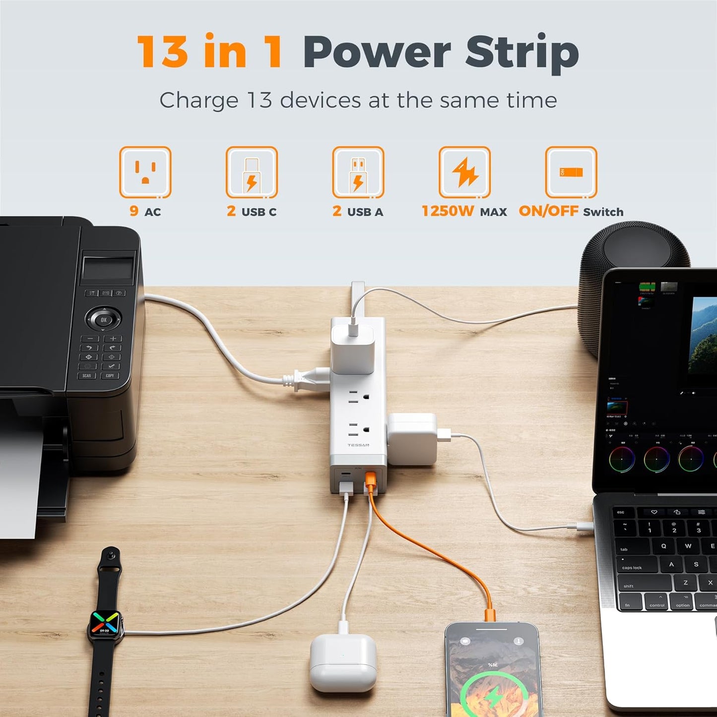 TESSAN Surge Protector Power Strip with 1050J Protection, 6 Ft, Grey | 9 Outlets with 4 USB (2 USB C), Flat Plug Extension Cord, 20W Multiple Charging Station for Home, Office, College Dorm Room