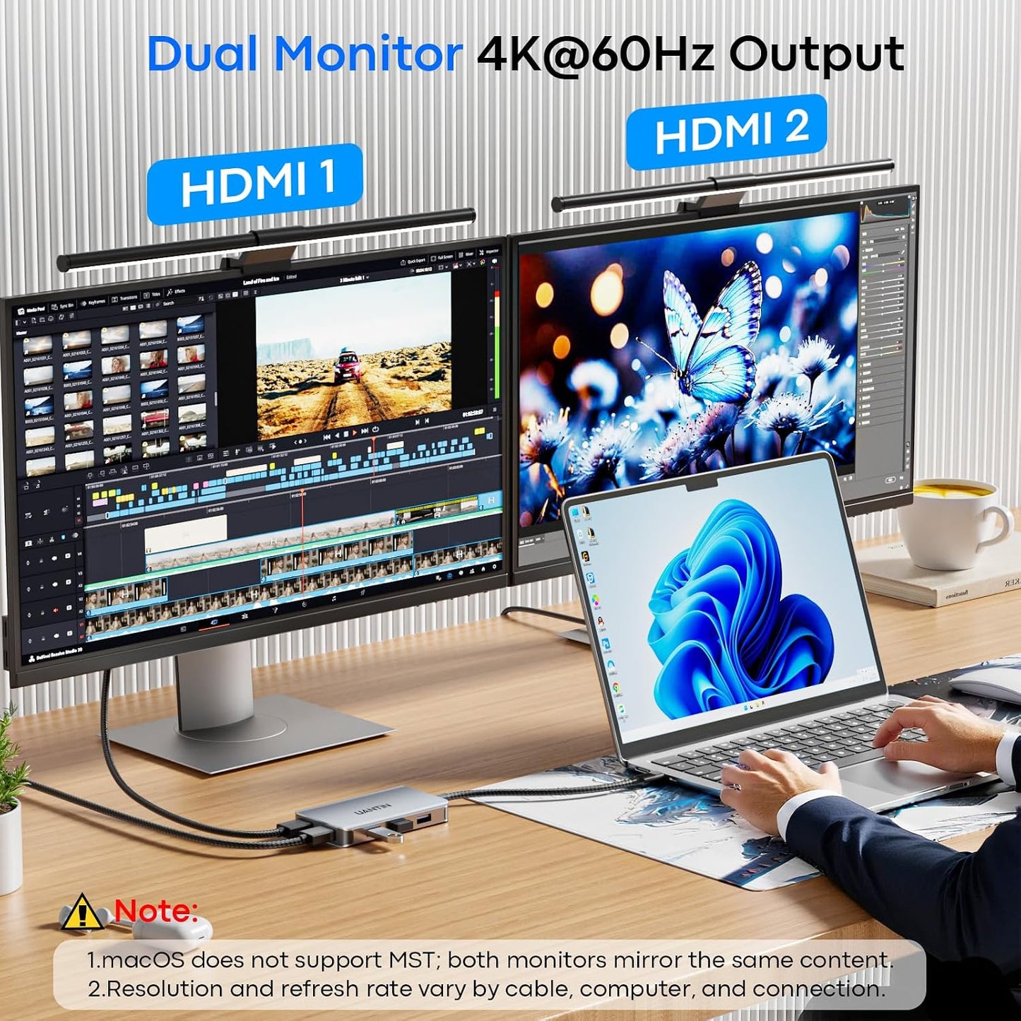 UANTIN 6-in-1 USB C Hub, Type C to Dual HDMI Adapter 4K@60Hz | HDMI Splitter Extended Display for Dual Monitor with 100W PD, USB 2.0, Dual HDMI Adapter for USBC Devices with DP Alt Mode