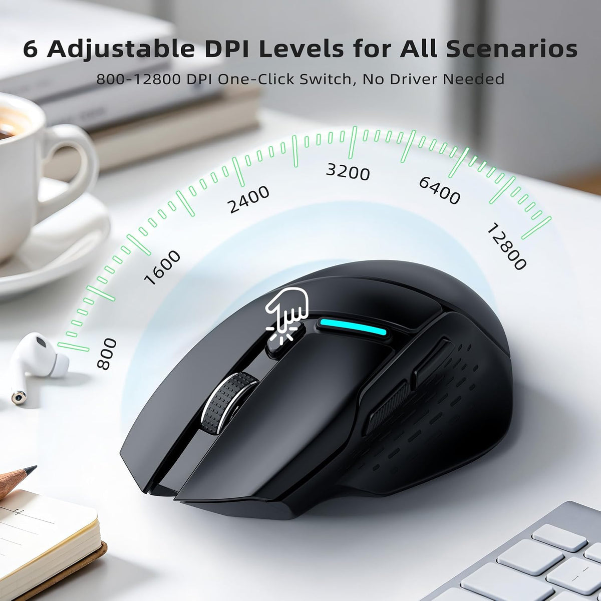 Uineer Wireless Gaming Mouse, Tri-Mode Bluetooth, USB-A Wired and 2.4G | Switch among Bluetooth 5.0, 2.4G wireless and USB-A wired modes; up to 12800 DPI.