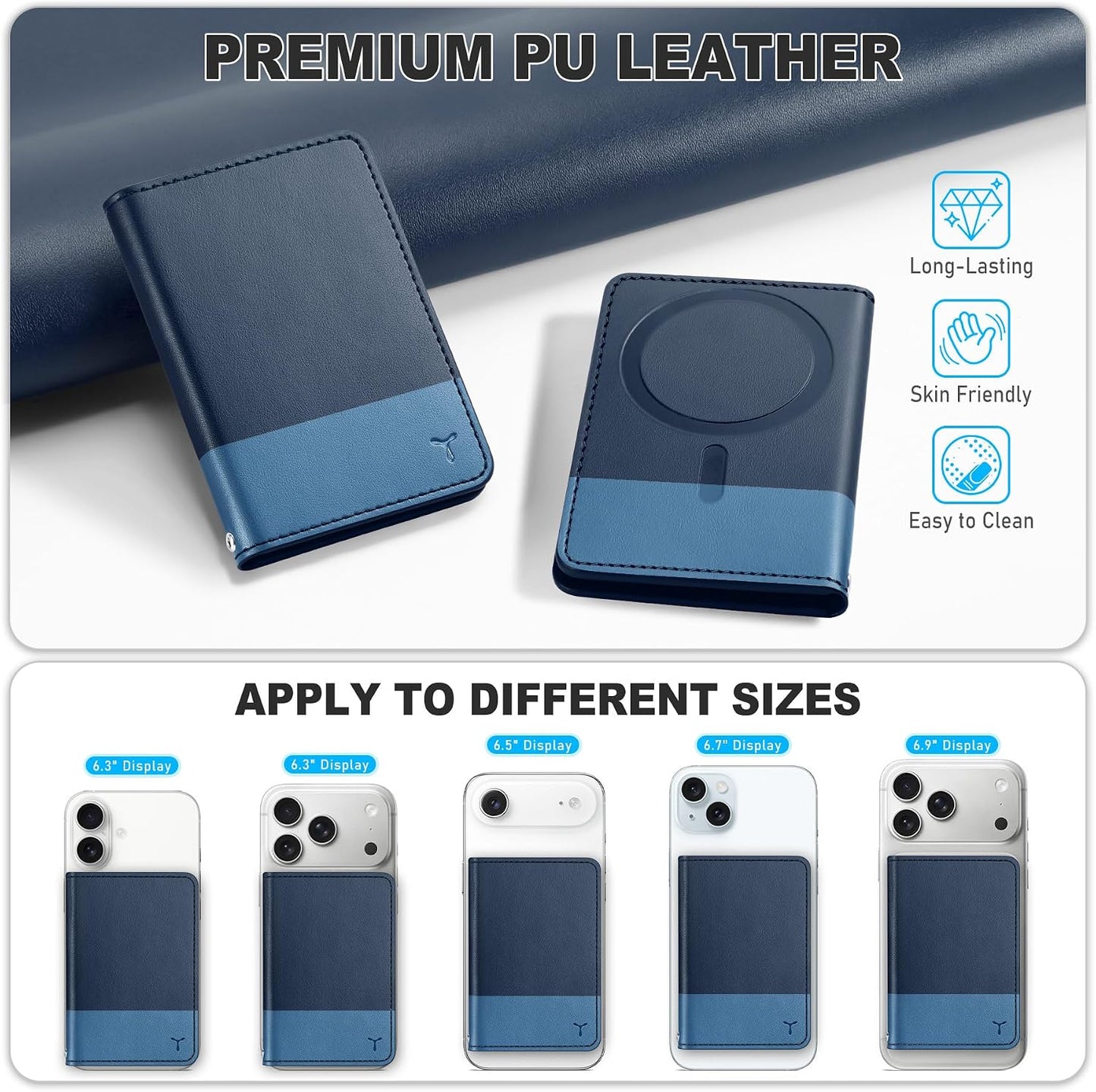 TUCCH Magnetic Wallet for Magsafe iPhone, 6 Card Holders, Blue & Light Blue | for iPhone 17/17e/16/15/14/13/12 Pro/Pro Max/Plus, RFID Blocking, Flip Card Case, Clear ID Window, PU Leather