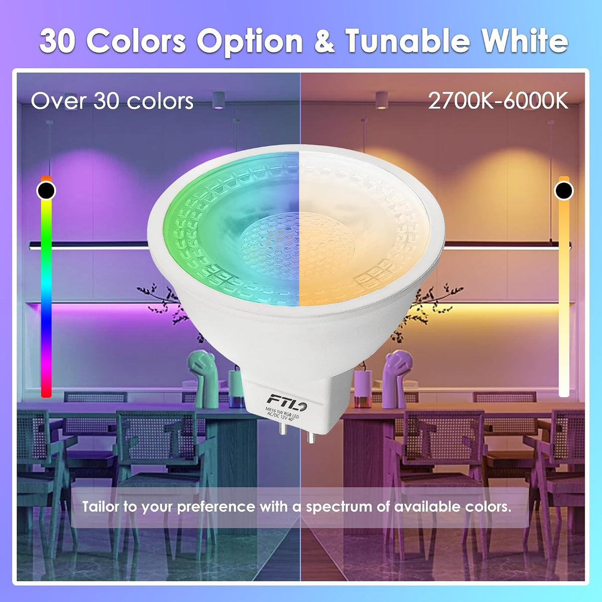 FTL MR16 LED Color Changing Light Bulb with Remote Control, 12V RGB Dimmable Colored Light Bulbs 5W=40W, 30 Color, Timer, 2700K-6000K, GU5.3 Landscape Light Bulbs for Track Recessed Lighting, 10-Pack