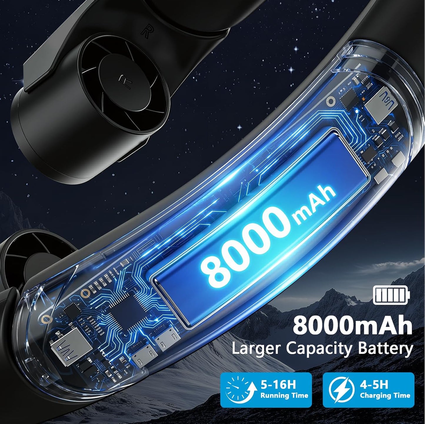 Mavax ChillGo Portable Neck Fan - 8000mAh Personal Wearable Fan, 9000 RPM Direct-flow 4X Powerful 360° Airflow Cooling Fan, Max 16H, 4 Speeds, LED Display, Great Gifts for Men Women - 5th Gen Black