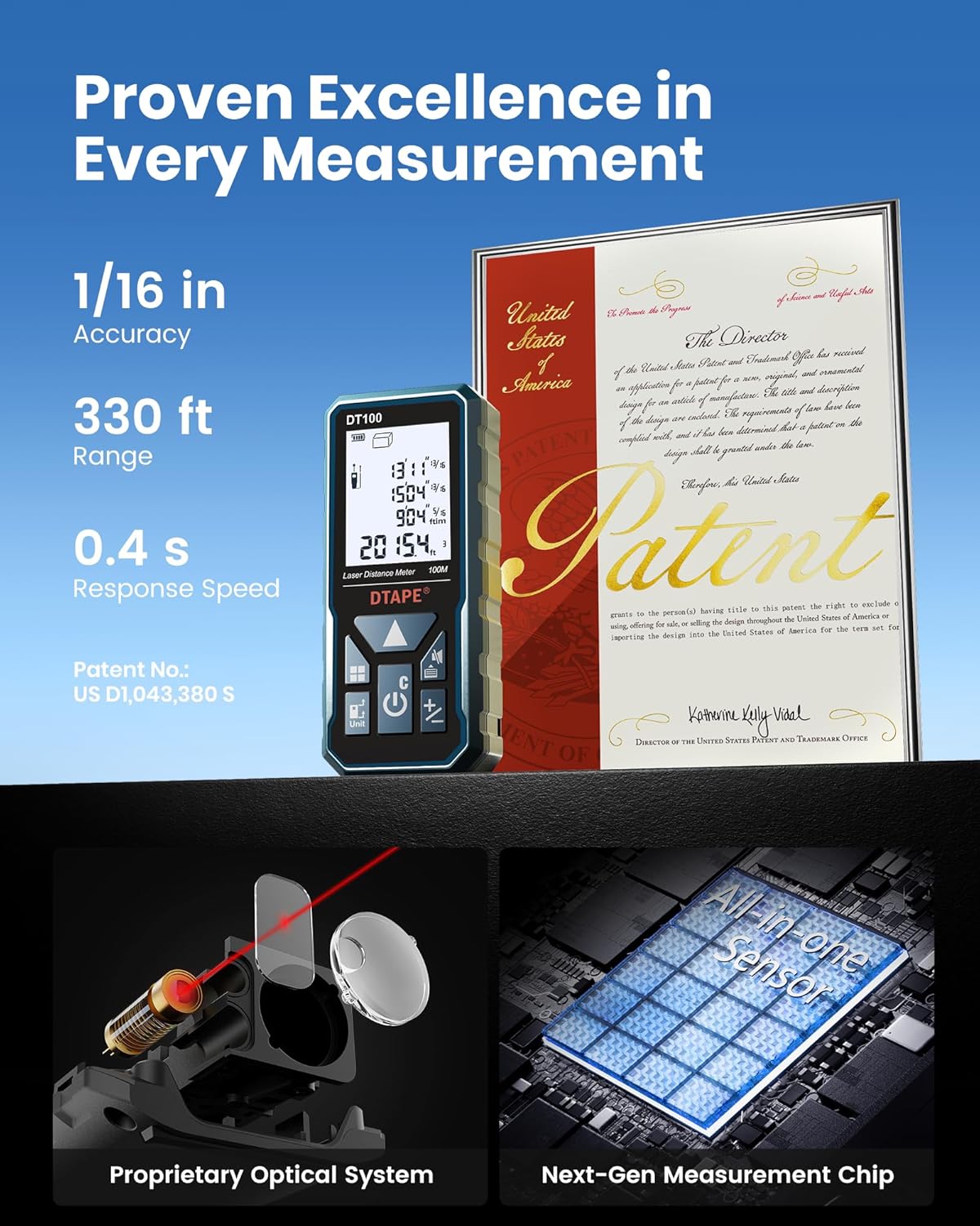 DTAPE 165 Ft Laser Measuring Tool, 1/16" High-Accuracy Laser Tape Measure | 2" Backlit LCD Display Laser Measure, Ft/In/Ft+In/M Electronic Tape Measure, Distance/Area/Volume/Indirect Laser Range Finder