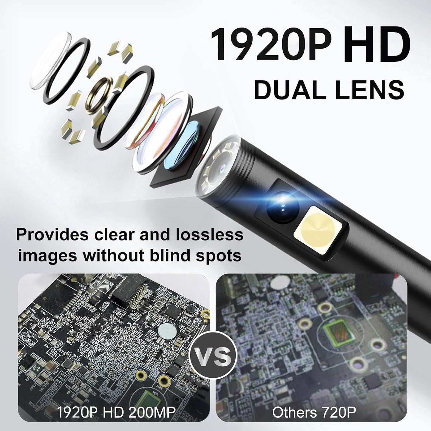 1920P HD Dual Lens Endoscope Camera Semi-Rigid Snake Cable IP67 Waterproof 8LED Lights Dimmable HD Industrial Pipeline Inspection Probe Compatible with Smartphones Endoscope Camera (9.9ft)
