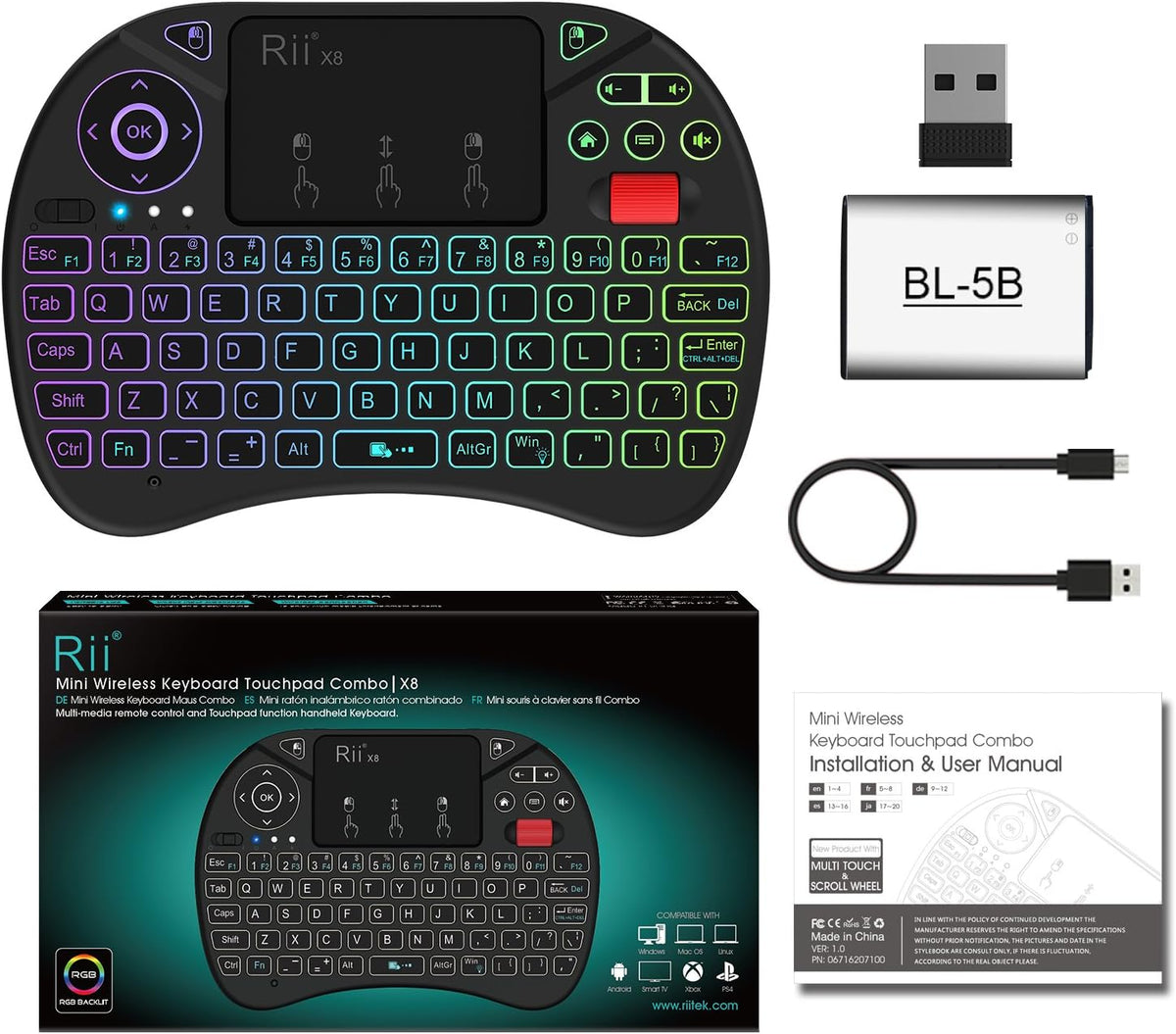 Rii X8 Mini Keyboard,2.4G Wireless,with Touchpad Mouse for Android TV Box | RGB Backlit,Rechargeable Battery,Easy meadia control,Built-in Touchpad for PC/HTPC/IPTV/Nvidia Shield