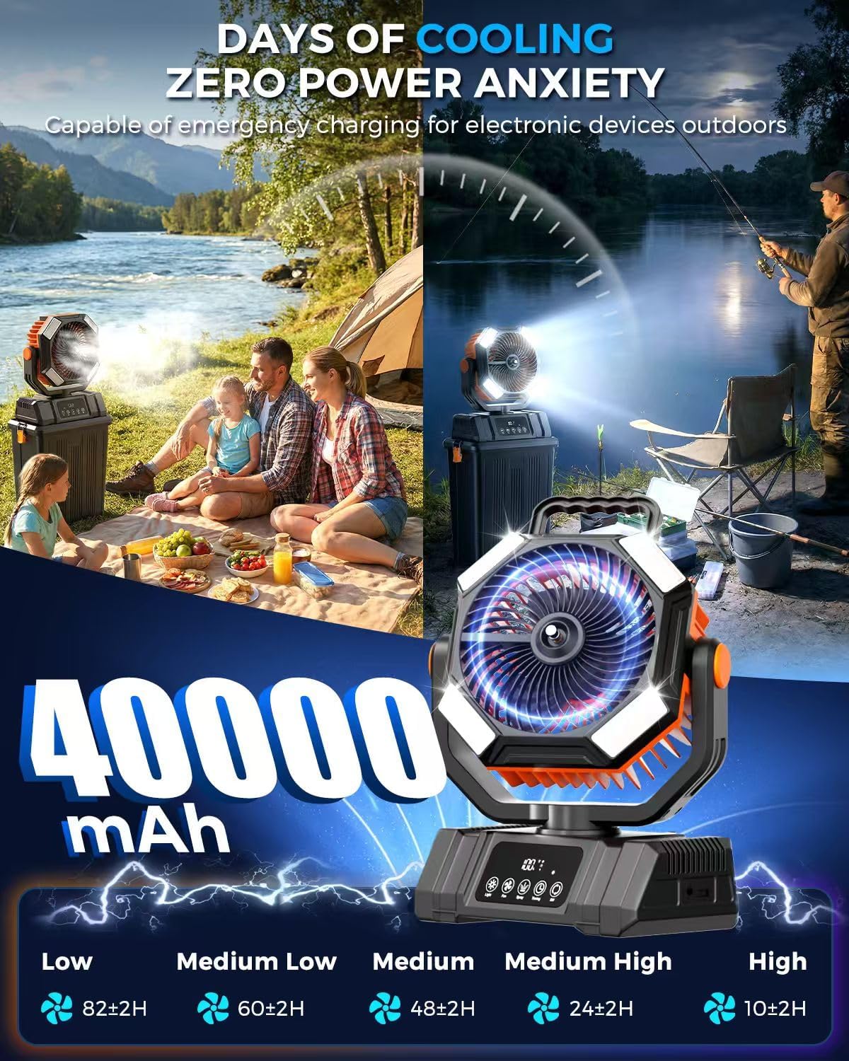 40000mAh Misting Fans for Outside, 15L Large Tank Portable Misting Fan, Battery Powered Outdoor Mister Fan with Remote & LED Light, Wide 270° Coverage for Camping Patio Backyard