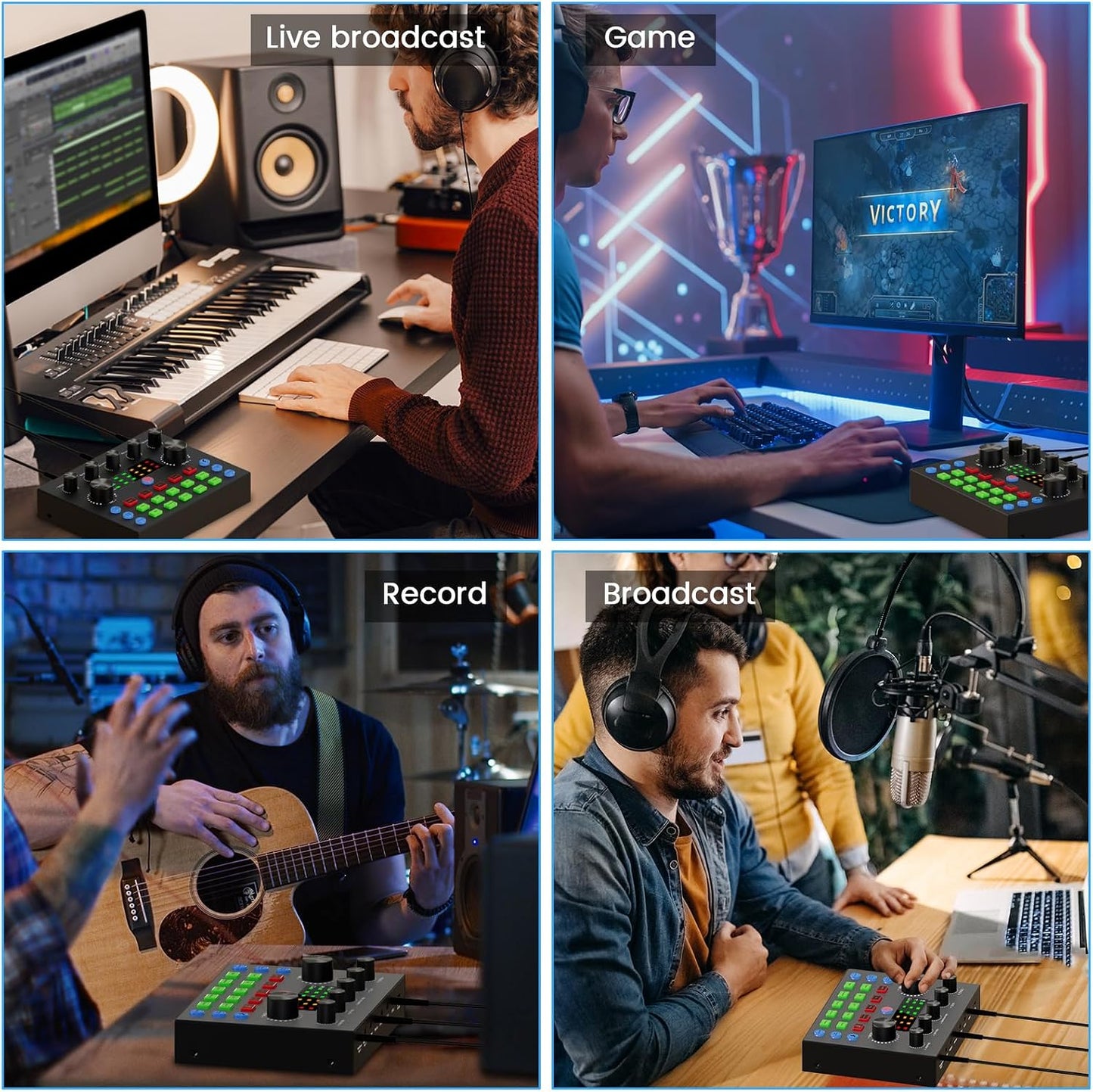 Brvomussy Podcast Equipment Bundle for 2, Audio Interface with Voice Changer Condenser Microphones for Gamer, All-in-One Audio Mixer Perfect for Live Streaming, Singing, YouTube, Gaming