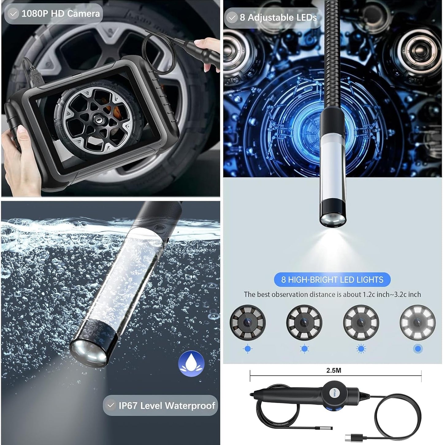 XTOOL Inspection Camera XV200, 2MP&1080P HD& 8 LEDs Automotive Endoscope | Waterproof Borescope Inspection Camera with Light, Work with D7/D7S/D7W, D8S/D8W, D9S//D9S PRO/IP919 PRO Type-C Version