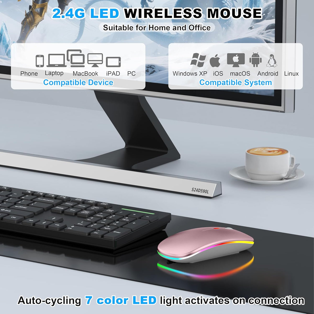 LED Bluetooth Wireless Mouse for MacBook Air Mac Pro Laptop iPad–Rose Gold | Rechargeable Silent Light-Up Optical Mouse with Jiggler Dual Mode BT5.2 & USB-A/USB-C for Students Kids Girls Boys