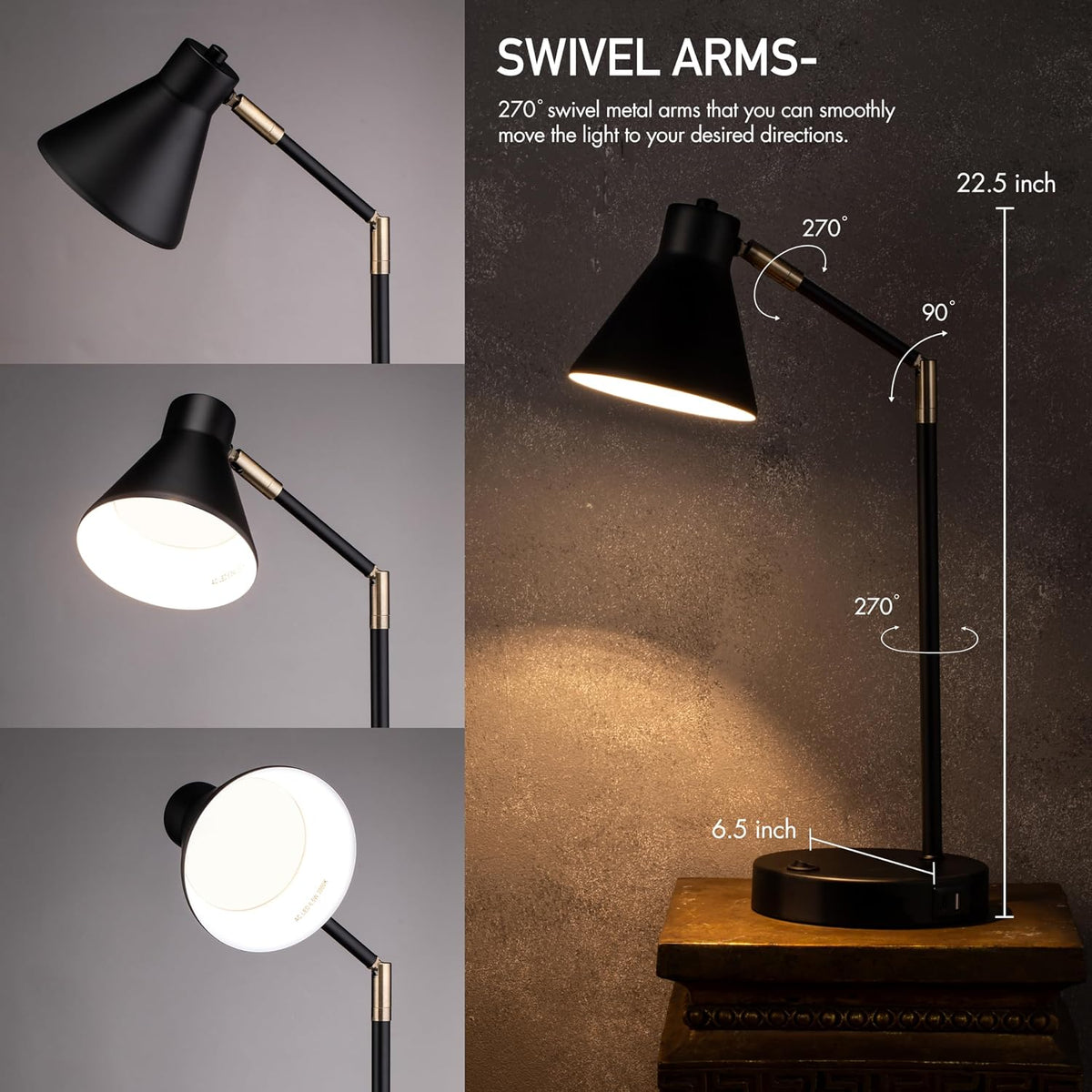 O'Bright Astrum - LED Desk Lamp with Dual USB Charging Ports, 100% Metal, 270 Degree Swivel Arms, Soft White Light (3000K), Bedside & Home Office Table Lamp, ETL Listed, Black