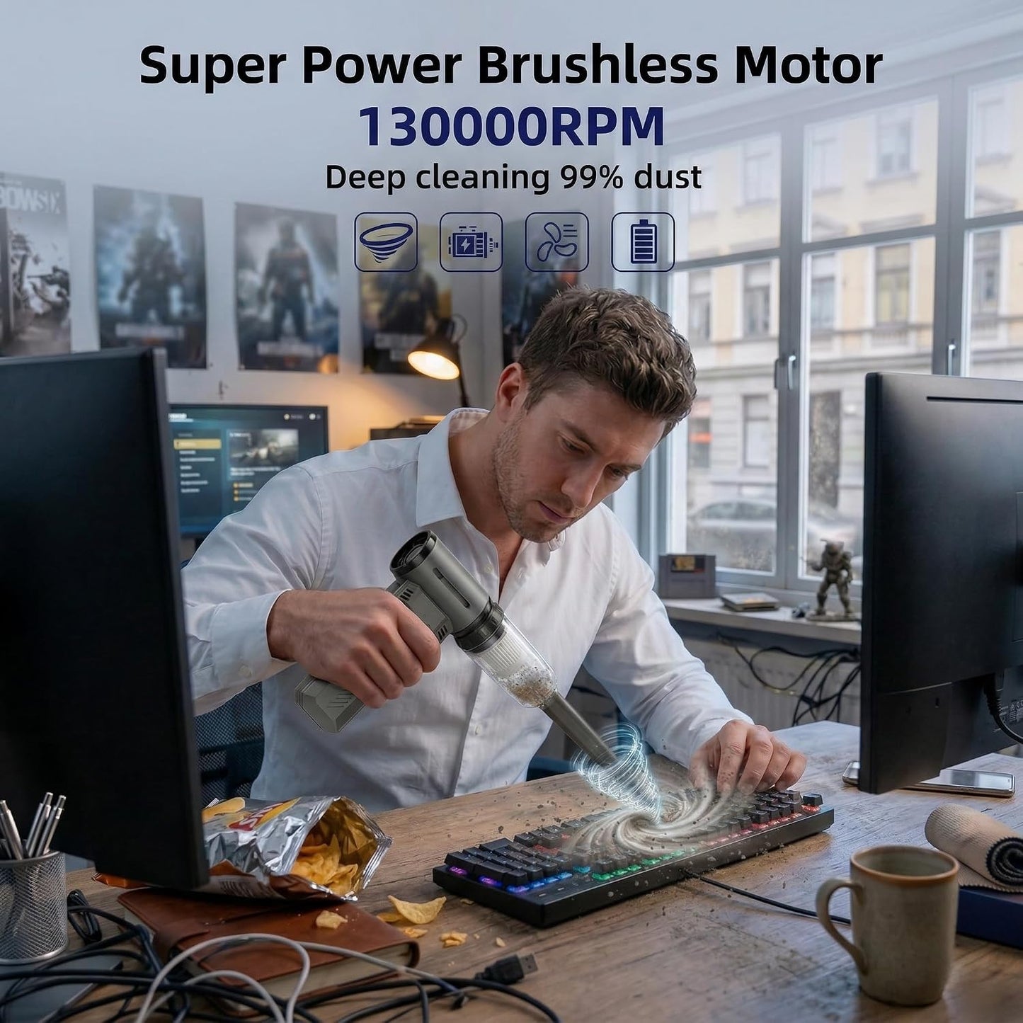ODISTAR Compressed Air Duster - 130000 RPM Super Power Electric Air Duster, Rechargeable Cordless Air Blower with Stepless Speed Adjustable for Computer, Keyboard, Car, Home, Office