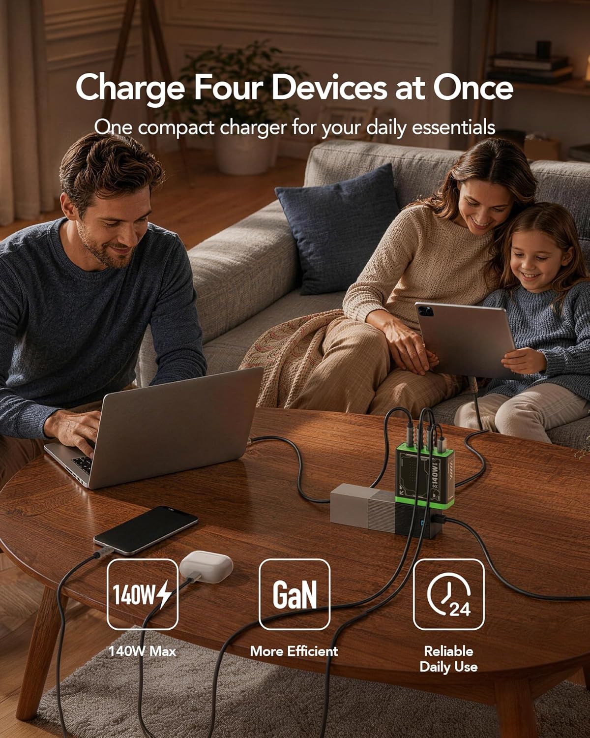 E-Rhino 140W Max 4-Port GaN Charger for MacBook & USB-C Laptop, Black | Smart Temperature Management, Smart Power Distribution, Foldable Plug, 4-Port (3 USB-C + 1 USB-A), Stable Charging