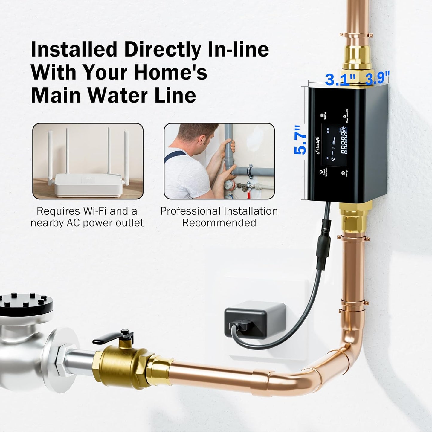 Frizzlife LP365-P Smart Water Monitor and Automatic Shutoff - 0.01 GPM Ultrasonic Micro Leak Detection, Wi-Fi / APP Control, Pressure+Flow Monitoring, 24/7 Water Usage Reports, Fits 3/4" and 1"