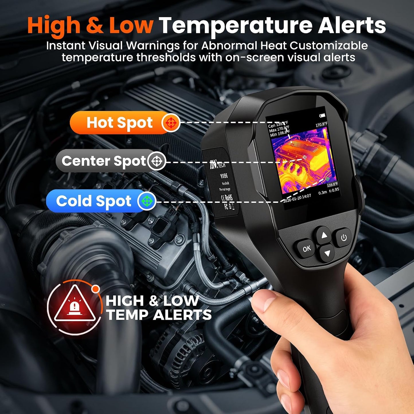 240x240 Thermal Camera 25Hz Handheld for Leak Detection HVAC | 14hr battery, 50°FOV, 2.8" LCD, for home inspection, electrical, plumbing, roofing, automotive diagnostics