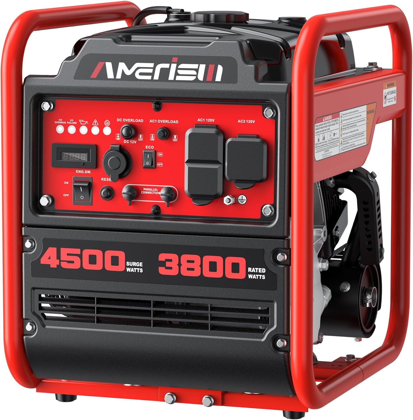 AMERISUN 4500W Open Frame Gas Inverter Generator, CO Alert, 30A RV Outlet | Parallel Ready & Eco Mode, Lightweight Portable Generator For RV Trips, Camping, Jobsites And Home Emergency Backup