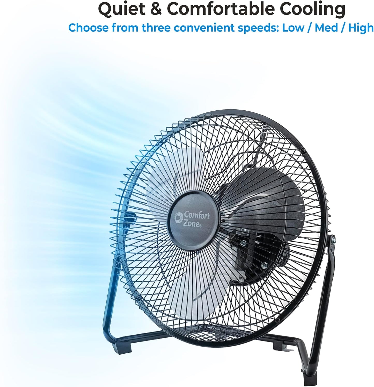 Comfort Zone 9 inch Cradle Fan, 3 Speed Floor or Table Fan with180 Degree Tilt, Metal Construction and Aluminum Blades, Carry Handle, Rubber Feet, Ideal for Bedroom, Workshop, or Garage, Black