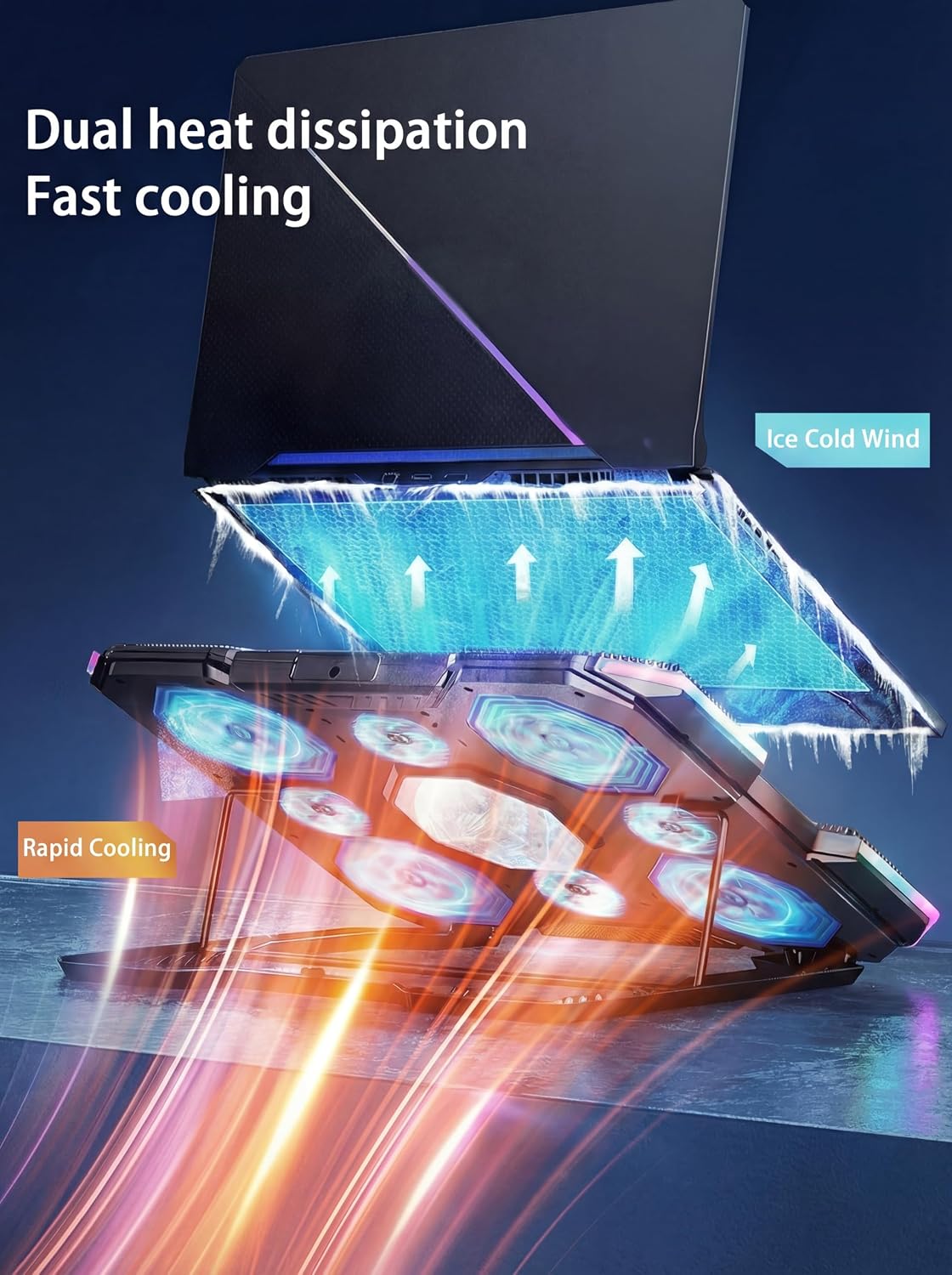 Laptop Cooling Pad with 8-Fan &Thermoelectric Cooler for 15.6-21In Laptops | 5-Speed Independent Control, 10 RGB Lights, 7-Height Adjustable Metal Panel Laptop Cooler