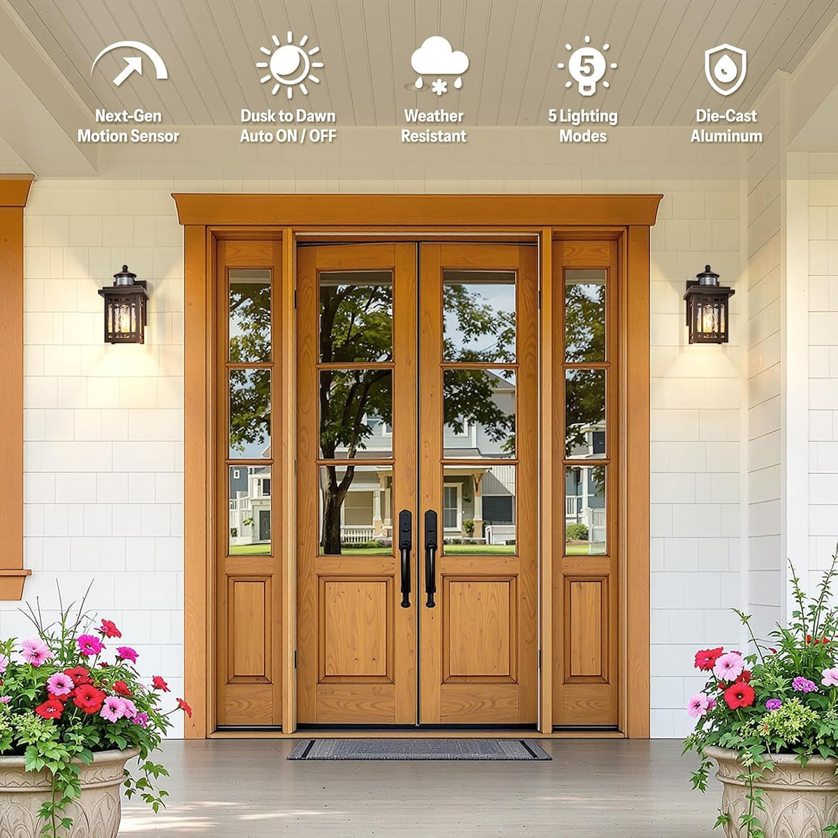 Gleamz Outdoor Porch Lights Wall Mount, Anti-Rust Updated Motion Sensor Outdoor Wall Lights, Oil Rubbed Bronze Gold Trim Exterior Lighting Fixtures,Waterproof Exterior Lighting Fixtures Dusk to Dawn