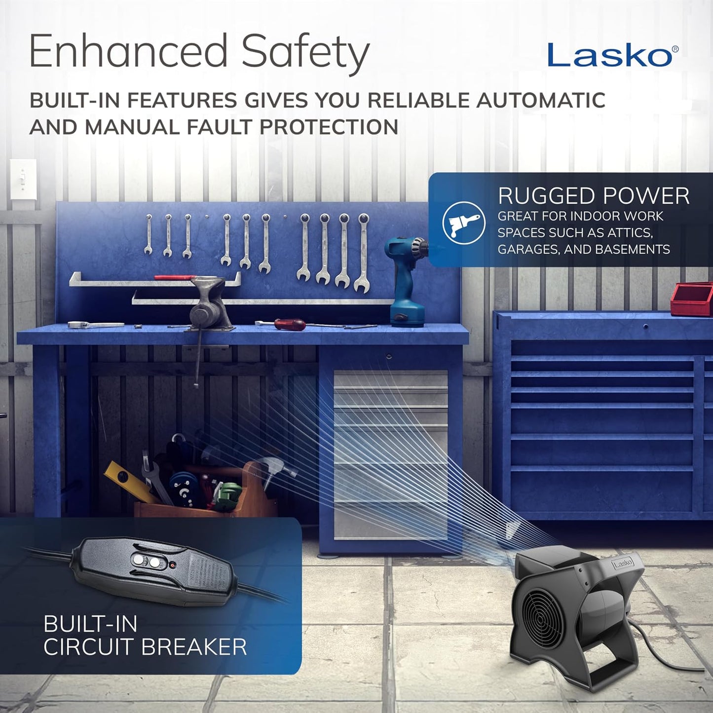 Lasko Pivoting High Velocity Portable Utility Fan - 12" - U12104 - Black | Adjustable Air Mover Blower Fan for Bedroom, Office Desk, Garage, and Home, With 2 Outlets 120V, 3 Speeds